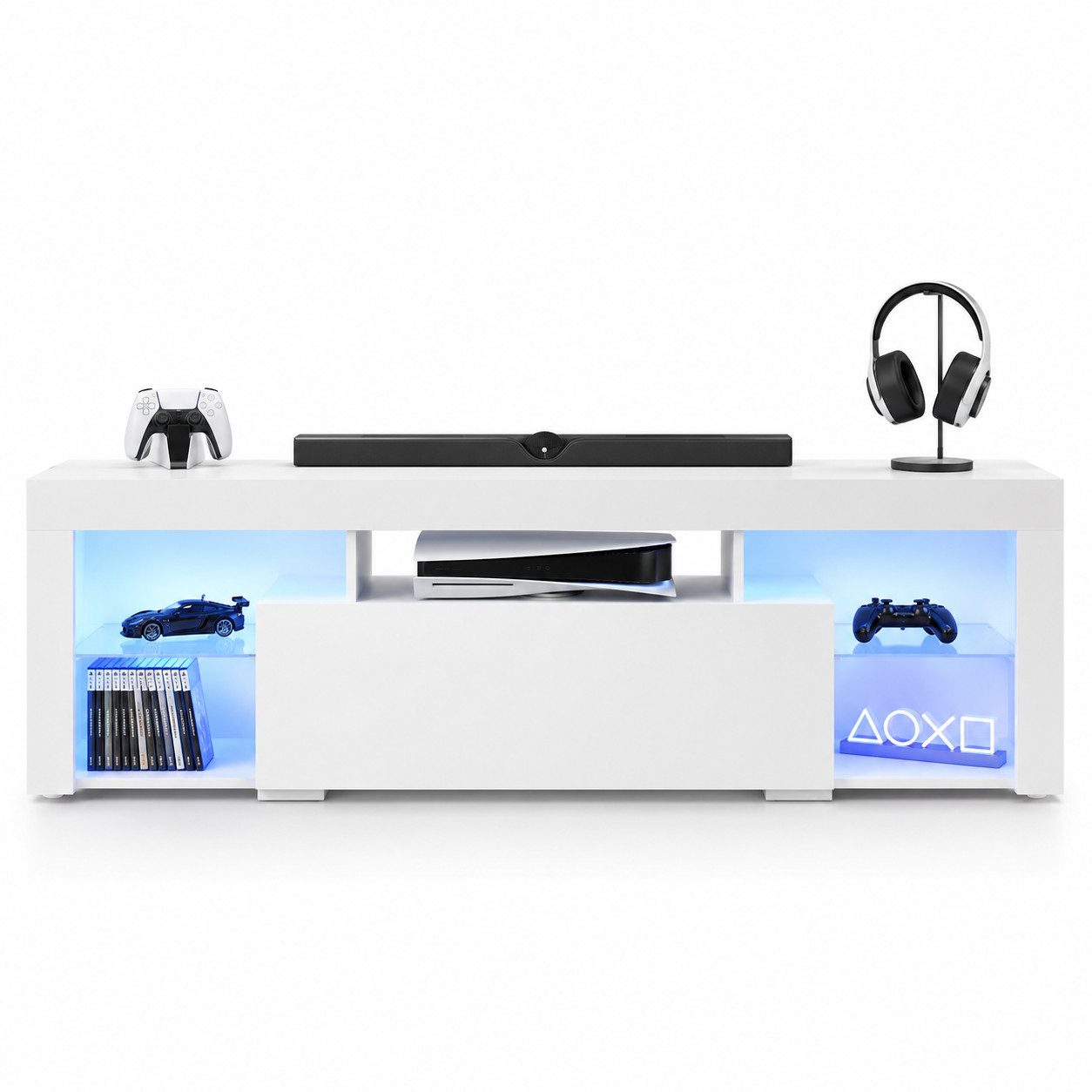 WLIVE Lowboard mit RGB-LED (20 Farben) Glasböden 135 x 45x 35cm (Fernsehtisch mit Schubladen für 50/55/60 Zoll Fernseher), Fernsehschrank für Wohnzimmer Schlafzimmer, Moderne TV Bank aus Holz