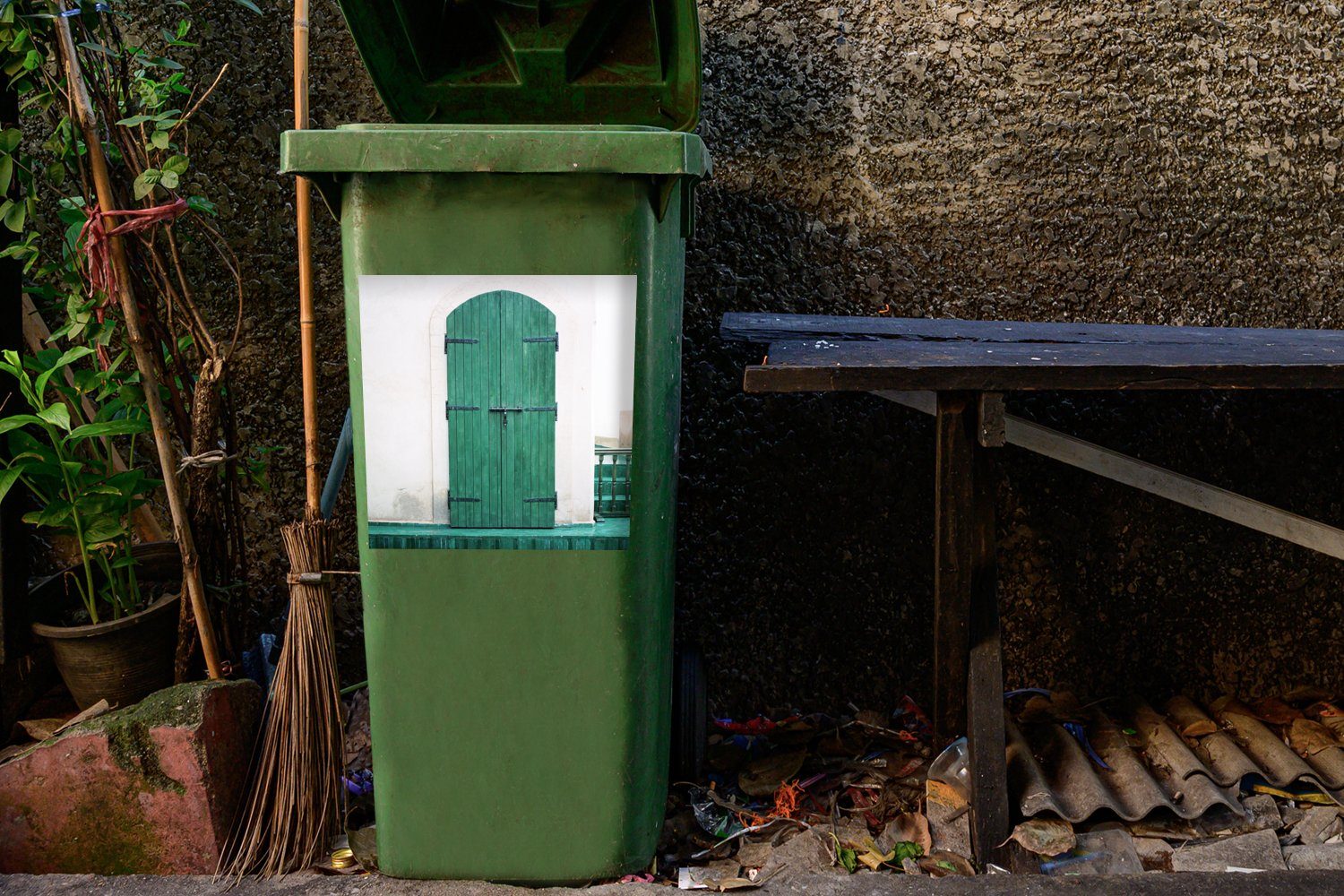 MuchoWow Wandsticker Abfalbehälter Sticker, Container, St), Tür - Mülleimer-aufkleber, Holz - - Vintage - Gebäude Mülltonne, (1 Grün