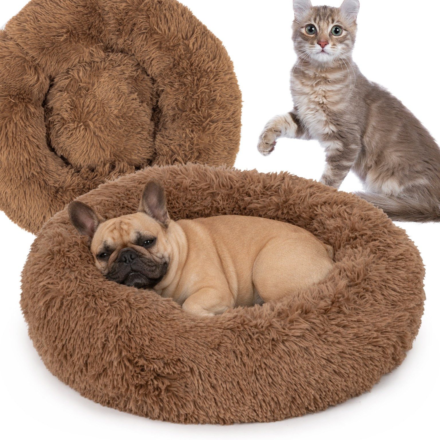 KomfortHome Tierbett Hundebett Katzenbett Donut 60cm Plüsch Shaggy Rutschfest Klein, Haustierbett Rund Flauschig Waschbar Katzen Kleine Hunde