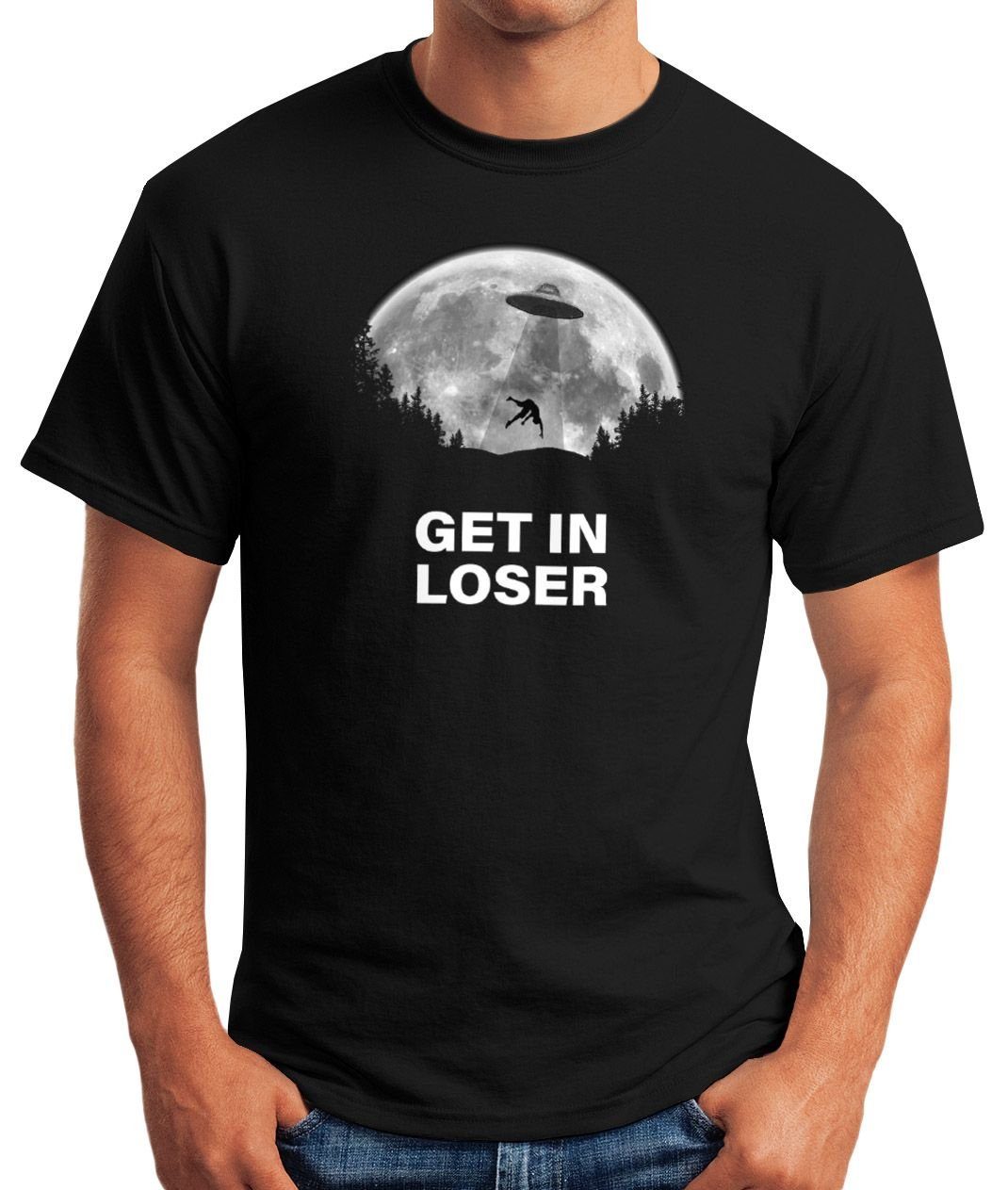 Meme Ufo in Print Get Moonworks® Spruch Herren Print-Shirt T-Shirt Zitat lustig Loser mit Parodie MoonWorks Serie Fun-Shirt