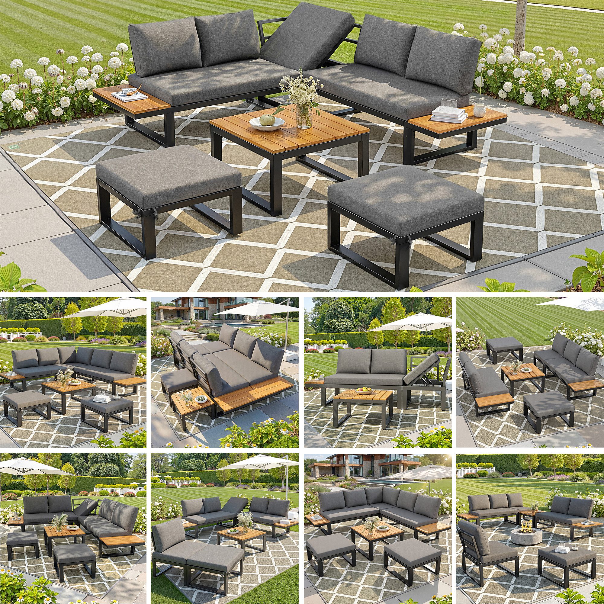 MC Star Gartenlounge-Set 6-teiliges Gartenlounge-Set mit verstellbarer Rückenlehne, (Ecksofa mit Couchtisch & Hockern, wetterfestes Stahlgestell, Sitzkissen in Grau/Beige, Outdoor Lounge für Balkon & Terrasse)