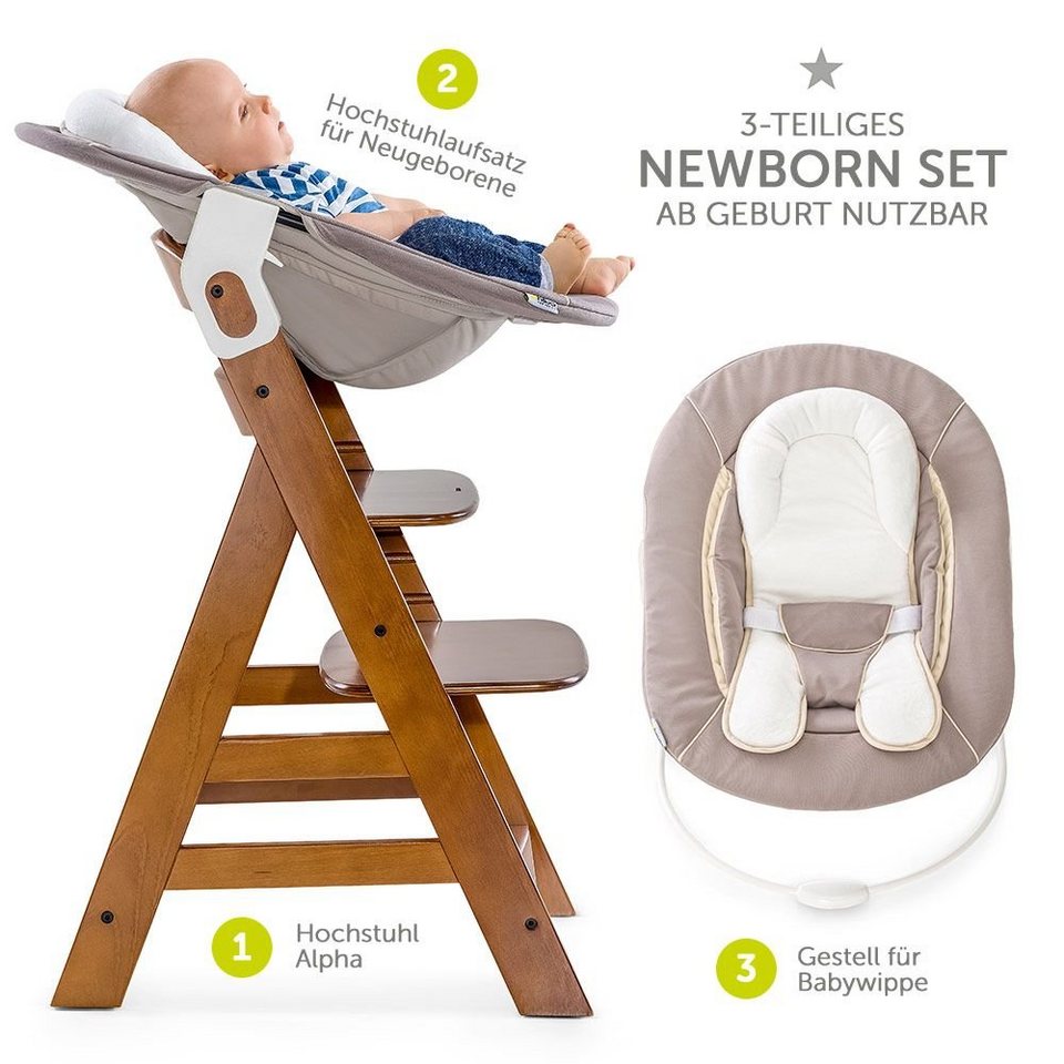 Hauck Hochstuhl Alpha Plus Walnut - Newborn Set (Set, 4 St), Holz Babystuhl  ab Geburt mit Aufsatz für Neugeborene höhenverstellbar