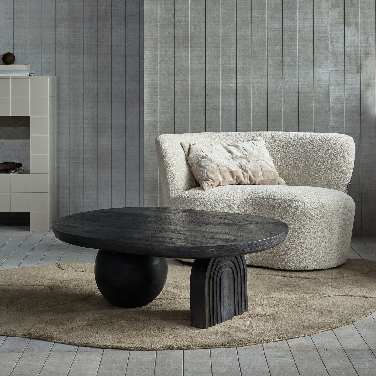 WOOOD Sofa Stone - Bouclé-Stoff Creme, Links, Weiche, runde Formen, kompakte Große