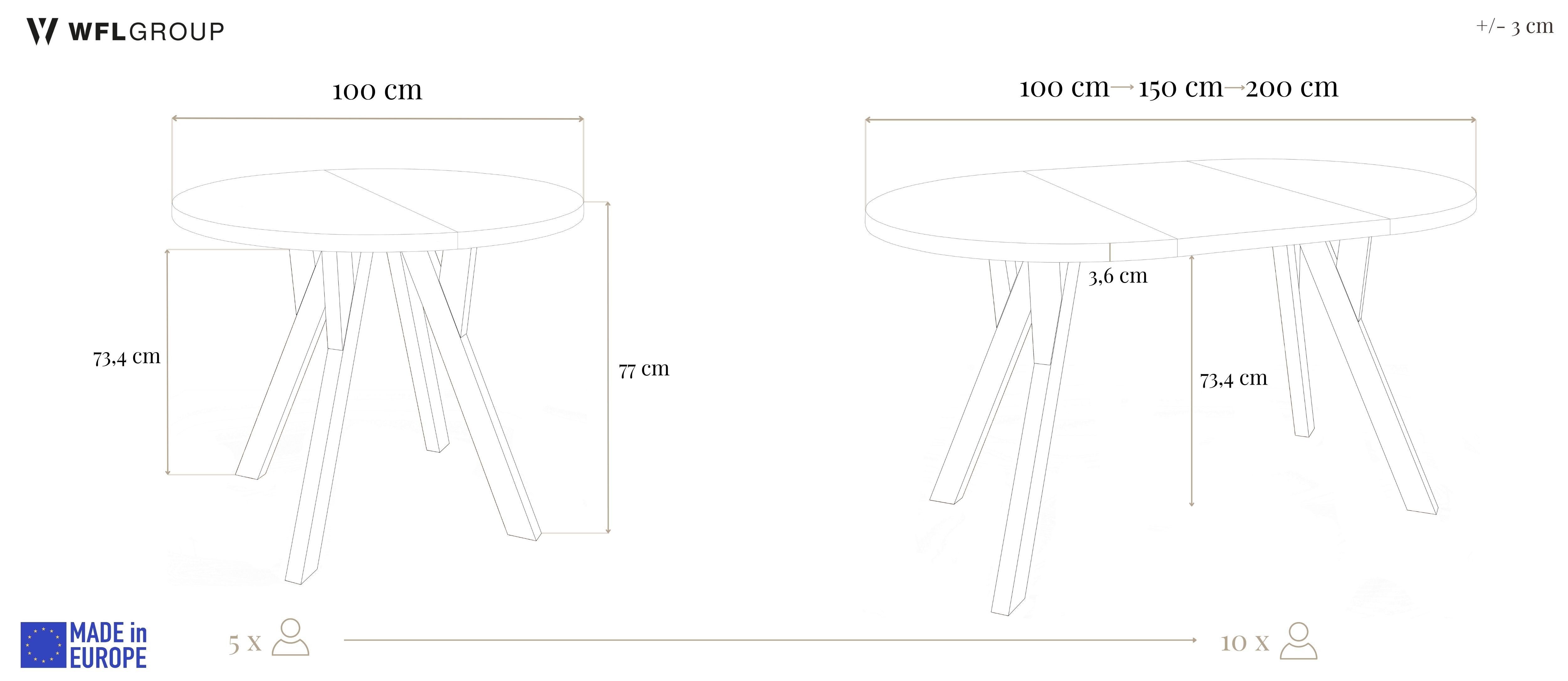 WFL GROUP Esstisch Avero ausziehbar rund modern mit Holzbeinen (MADE IN EU, vier Größen – 80/90/100/100 cm, ausziehbar auf 160/190/140/200 cm), platzsparender Tisch für kleine Küche, Esszimmer oder Wohnzimmer
