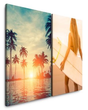 Sinus Art Leinwandbild 2 Bilder je 60x90cm Miami Palmen Surfen Urlaub Paradies Junge Surfbrett