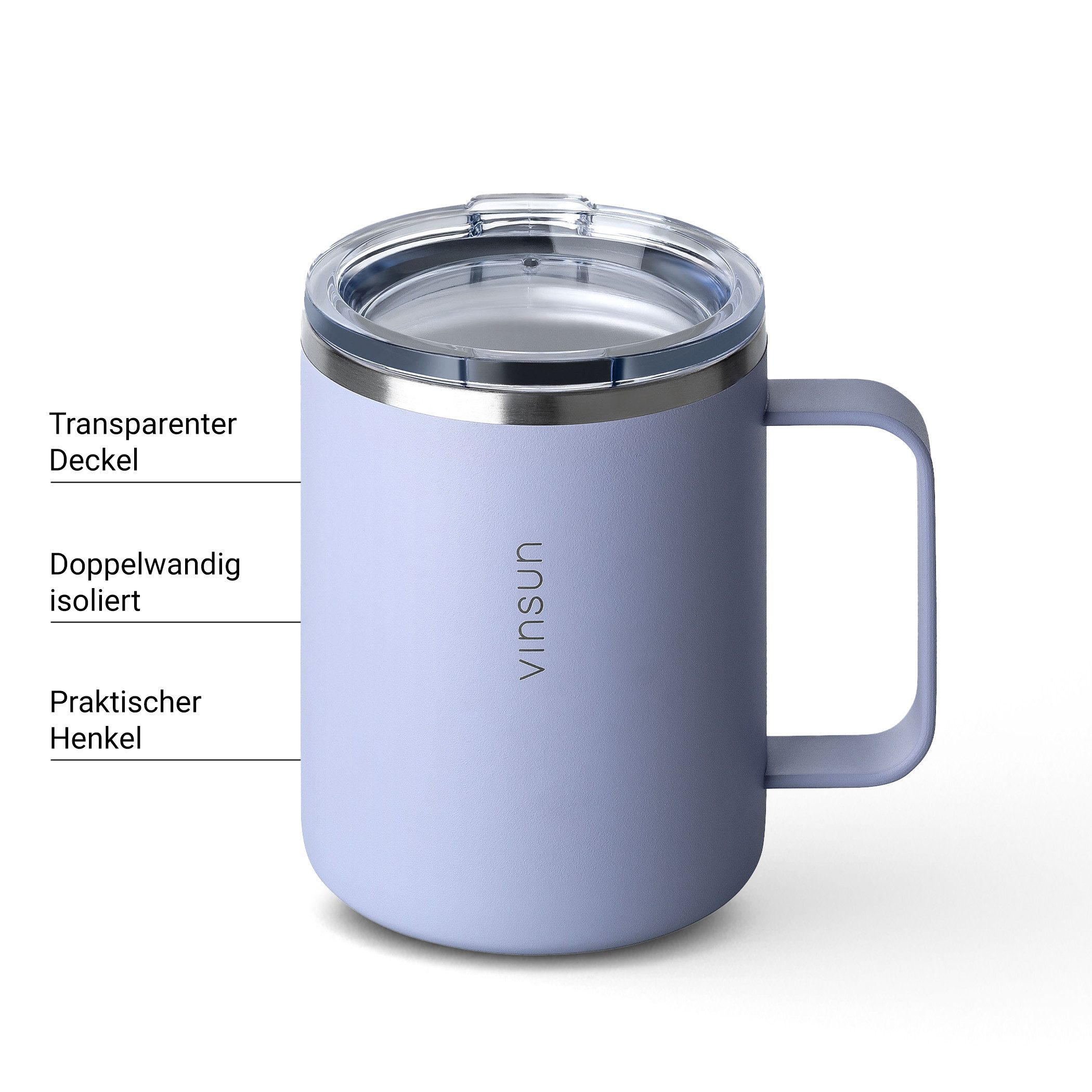 Vinsun Thermobecher Edelstahl Isolierbecher 350ml - Kaffeebecher mit Henkel und Deckel, 2-tlg., Edelstahl, Doppelwandig isoliert, BPA frei, bruchfest, Kalt- und Heißgetränke