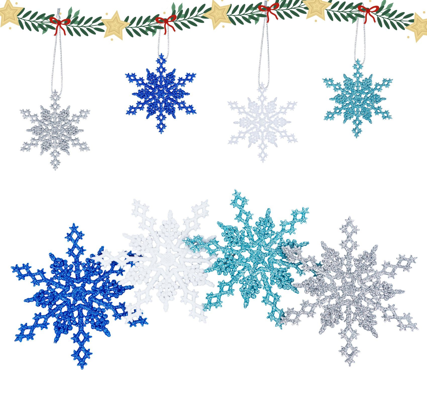 Kunststoff Schneeflocken Weihnachten für Weihnachtsschmuck Homewit Deko Weihnachtsdeko Christbaumschmuck (32-tlg), Weihnachtsbaum Farben 4 Anhänger
