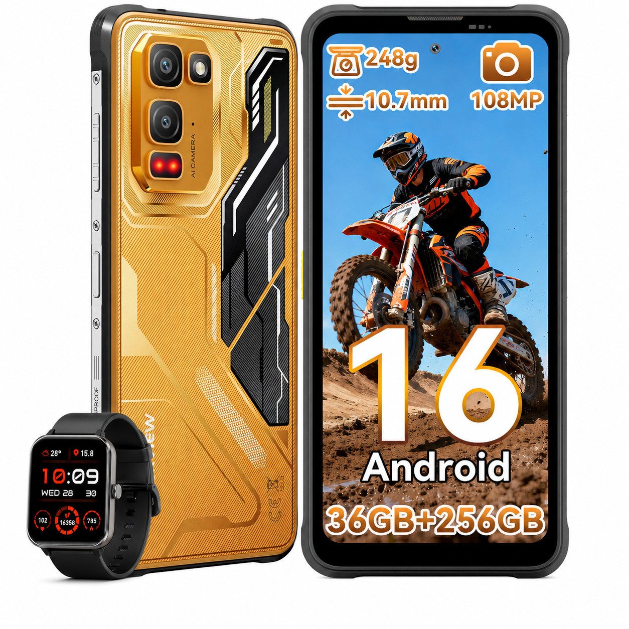 blackview Android 16, 108 MP Hauptkamera incl. R50 AI Outdoor Smartphone (6,78 Zoll, 256 GB Speicherplatz, 108 MP Kamera, Android 16, 108MP, 120Hz, IP68/IP69K, NFC, Night vision)