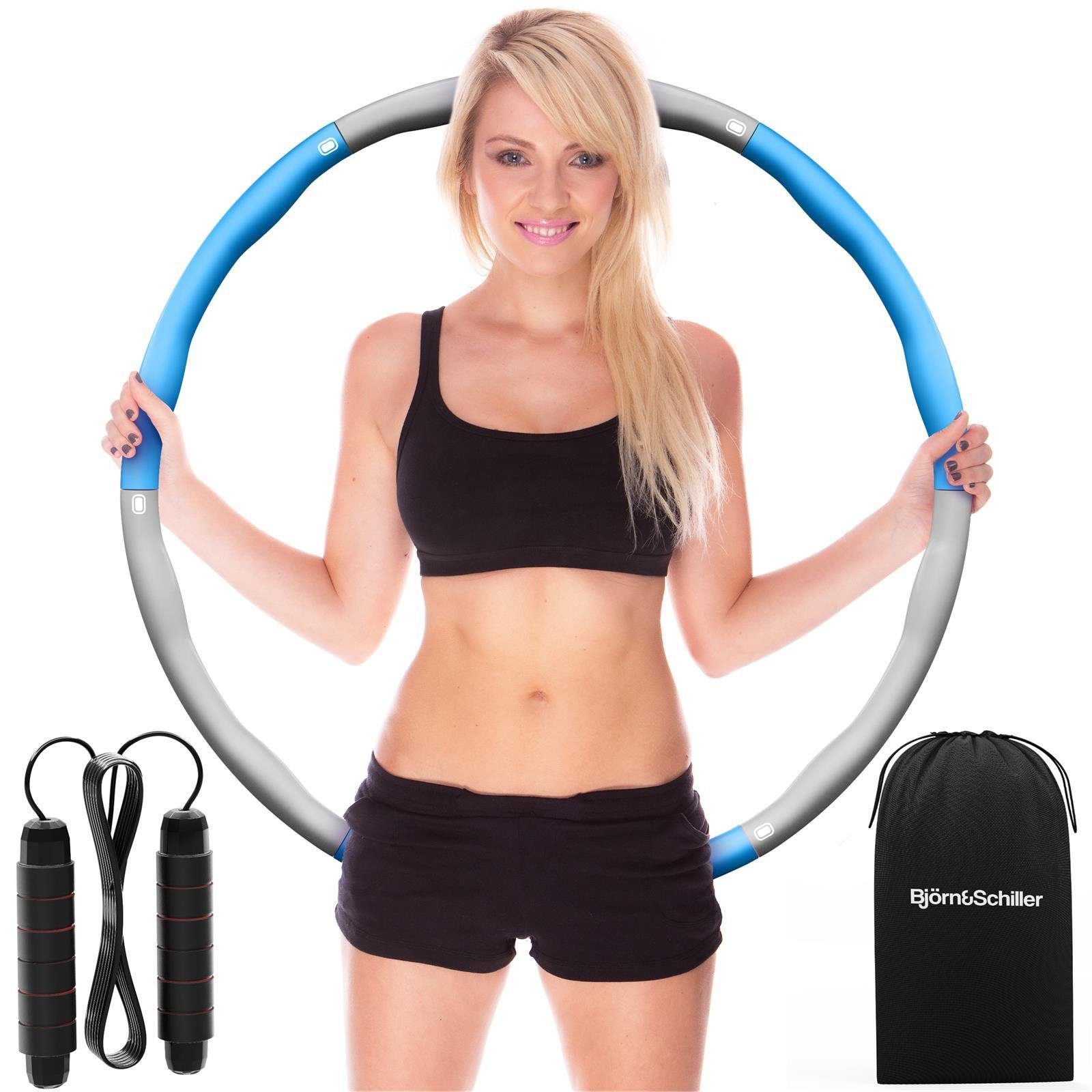 Björn&Schiller Hula-Hoop-Reifen Hula Hoop Reifen Erwachsene + Springseil kürzbar + Tragetasche (Premium Hula Hoop Reifen 73 cm für innen und außen - Hulla Hoop für die tägliche Fitness, 6-tlg., Fitnessreifen zum Abnehmen, Fettverbrenner, Sportgeräte zuhause)
