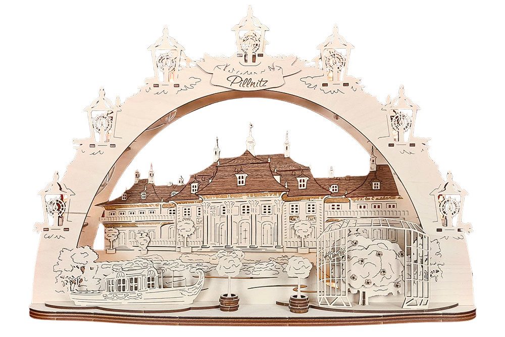 DeColibri LED Schwibbogen 3D LED Schwibbogen Dresden Schloss Pillnitz -Holzkunst - mit Netzkabel, Holzkunst aus Sachsen, beleuchtet