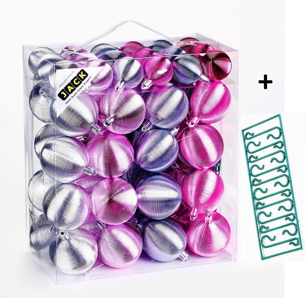 JACK Christbaumschmuck JACK by Inge 50x Kunststoff Kugeln Pink Silber Christbaumkugeln Rille, Inkl. Haken, Rillenoptik aus Kunststoff Ø 4 + 6 cm, Aufbewahrungsbox