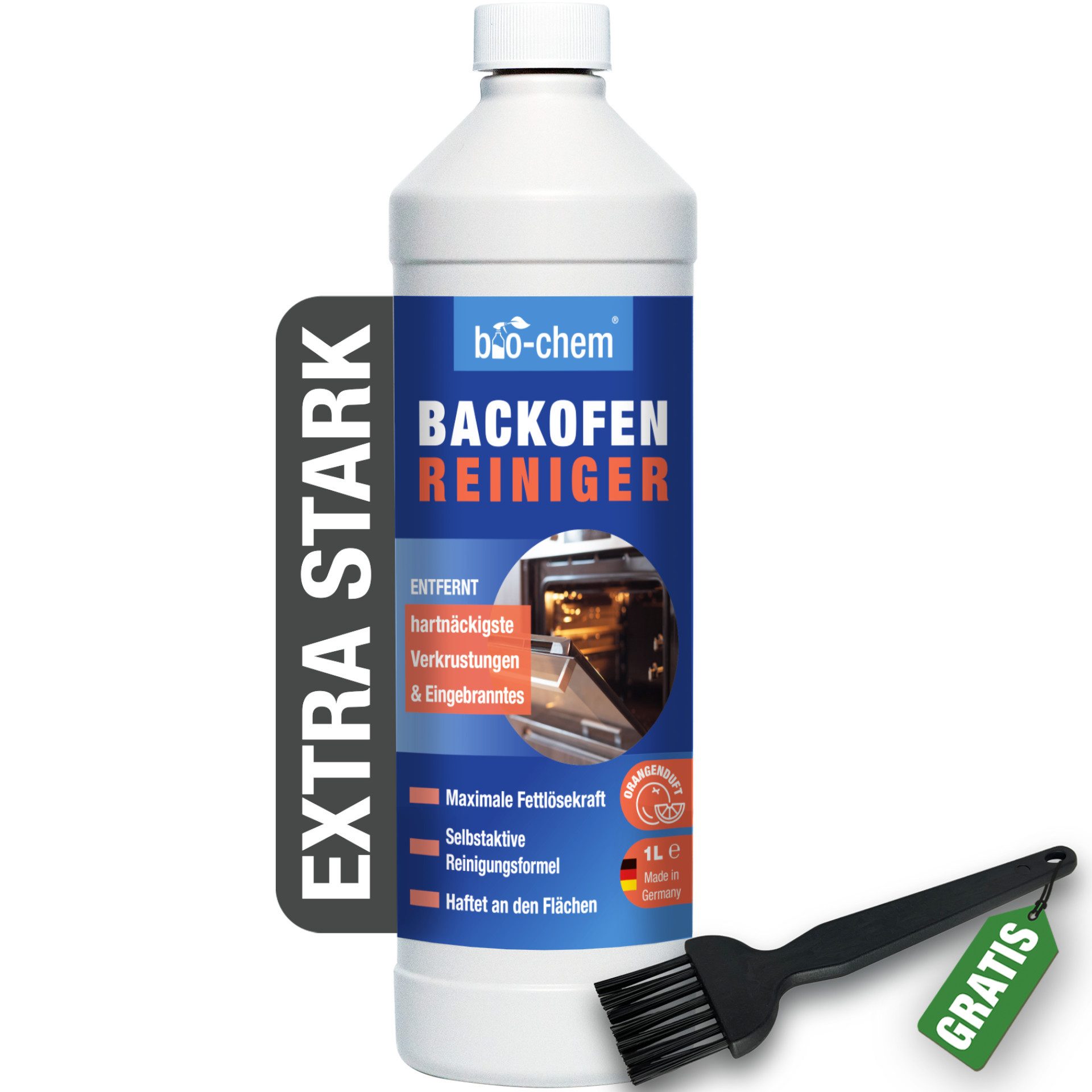bio-chem Backofenreiniger 1000ML – Extra stark & ohne Schrubben Backofenreiniger (Einzelprodukt, [- Backofenreiniger 1 L + Pinsel schwarz Extra starke Fettlösekraft)