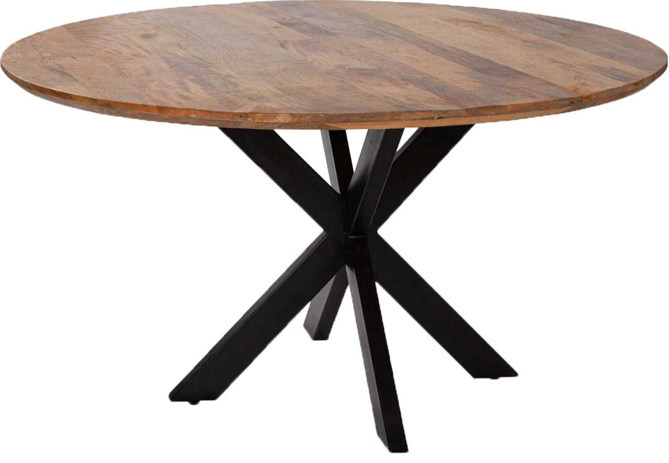 MR.DEKO Esstisch Avola Mango Holz Tisch rund 110cm, Metallgestell, natur lackiert (runder Esstisch für 4 Personen), Bohlenoptik, Höhenverstellbares, kratzfestes Gestell, 4 Personen