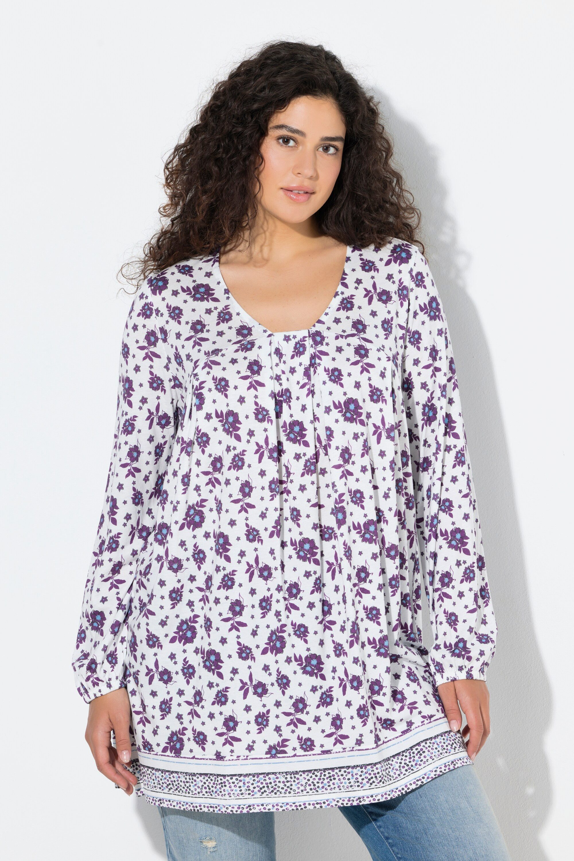 Ulla Popken T-Shirt Shirt Blüten A-Linie Carré-Ausschnitt Langarm