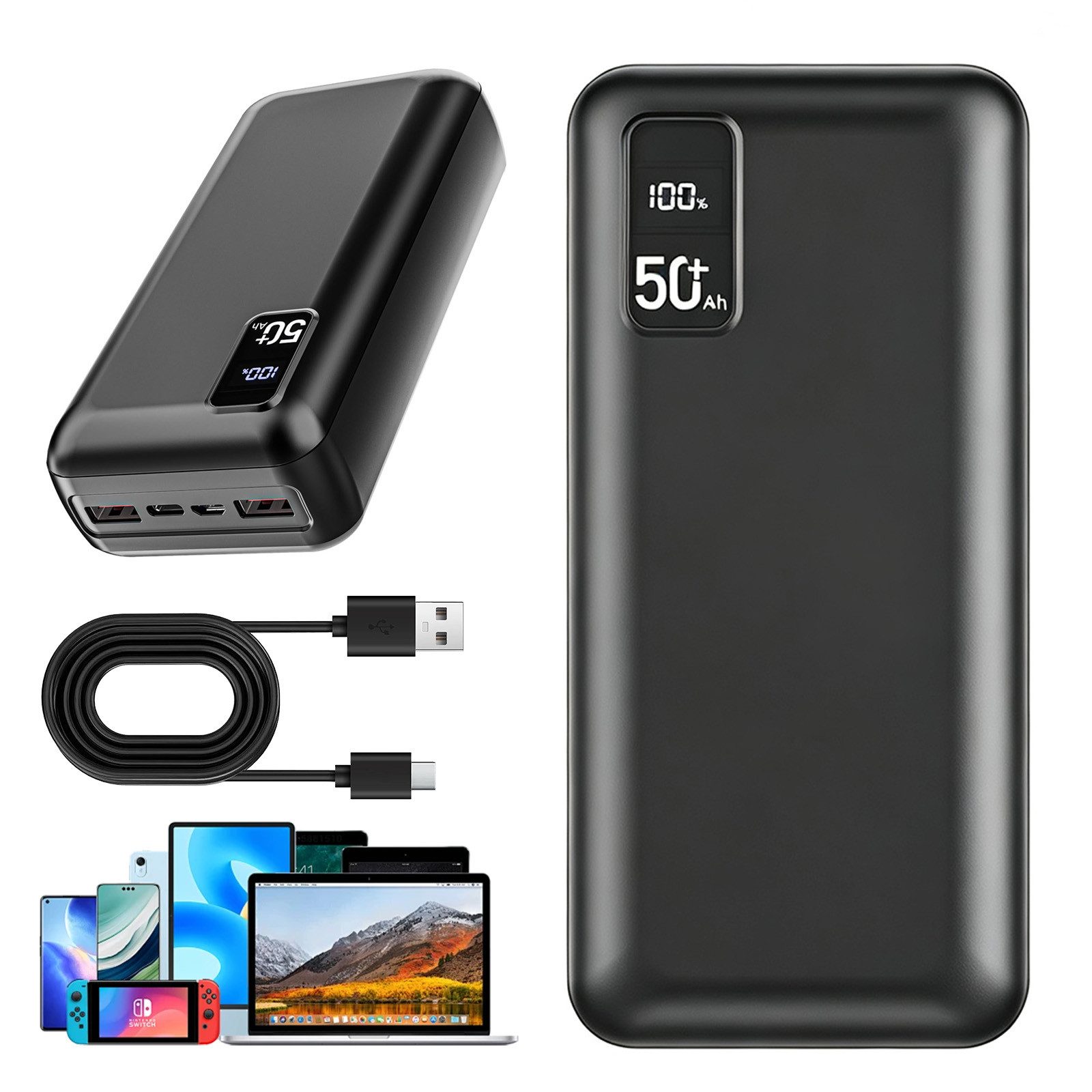 AKKEE 50.000 mAh 22,5 W Schnellladung Tragbare Power Bank USB-C Powerbank, Externer Akku Powerbank kompatibel mit iOS & Android
