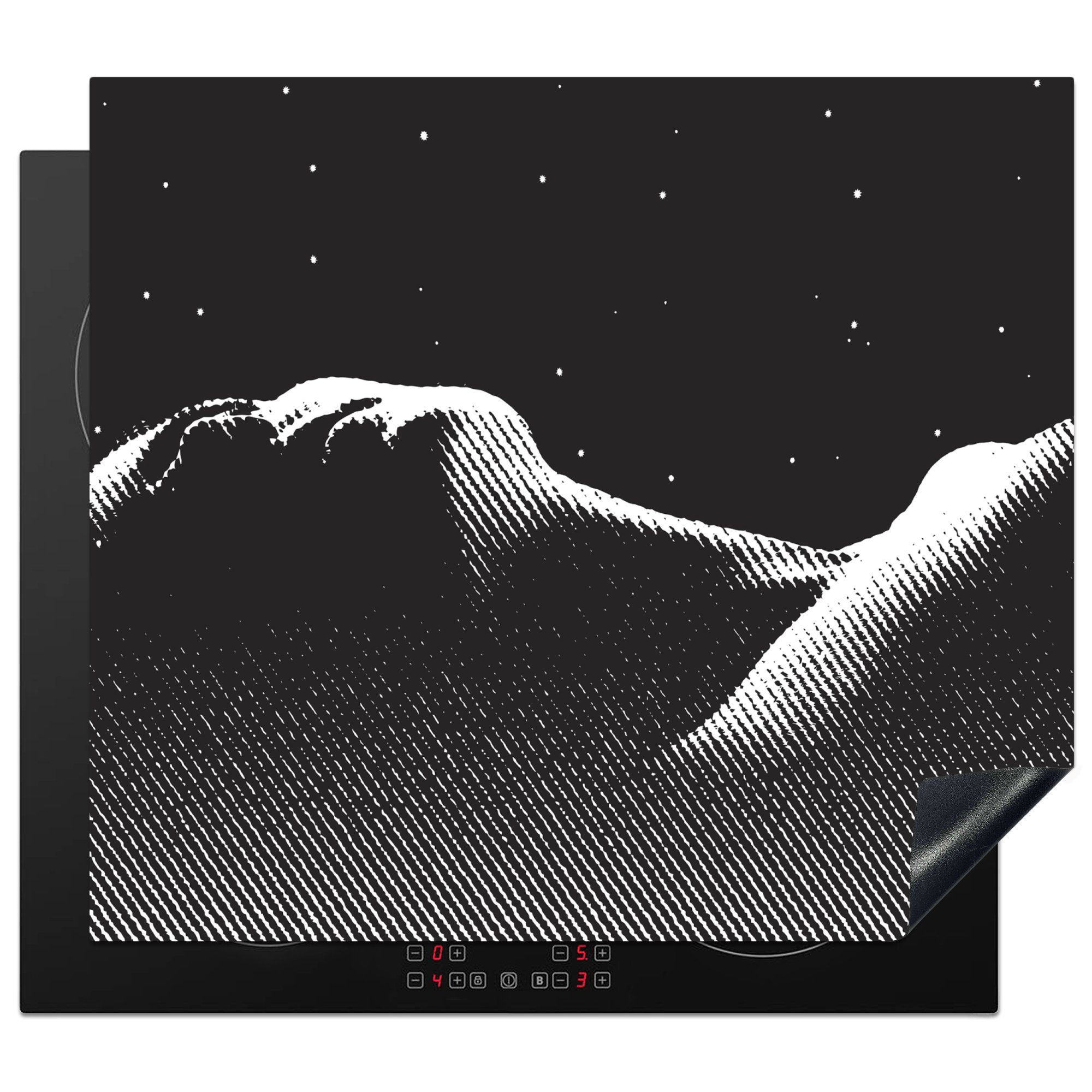 MuchoWow Herdblende-/Abdeckplatte Eine schwarz-weiße Illustration einer Frau unter den Sternen, Vinyl, (1 tlg), 60x52 cm, Mobile Arbeitsfläche nutzbar, Ceranfeldabdeckung