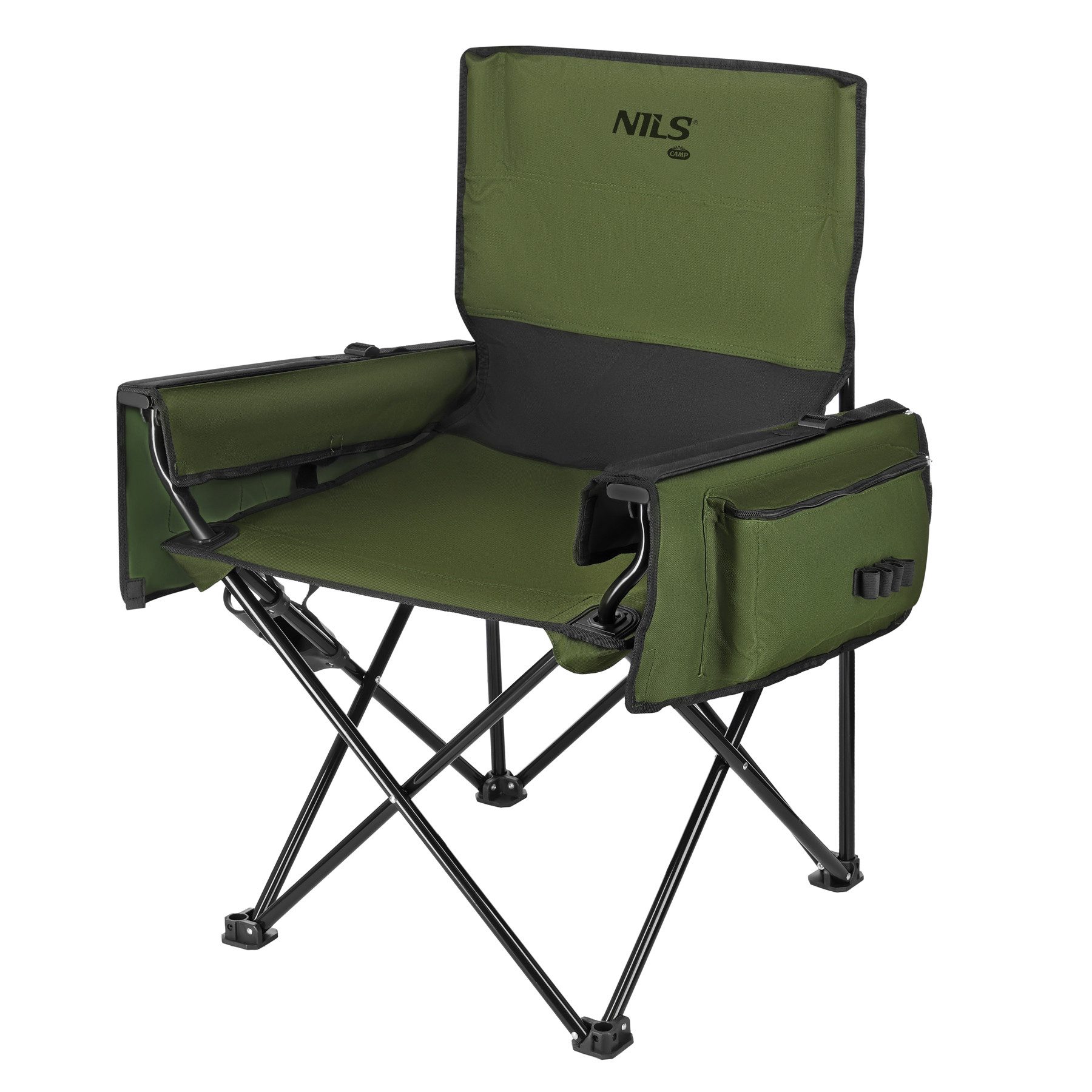 NILS CAMP Angelstuhl Outdoorstuhl Campingstuhl Anglerstuhl grün mit vielen Taschen, mit Angelhalterung
