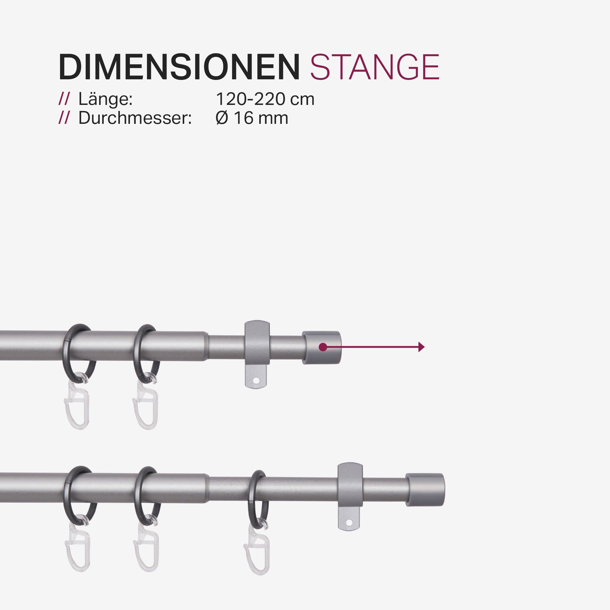 Vorhangstange 120-220cm mit mm, Metall, Silber Stilgarnitur, Ø 16 Ringe Wandträger, Faltlegehaken verschraubt, Bestlivings, inkl. Gardinenstange ausziehbar,