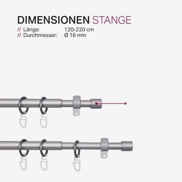 Gardinenstange Stilgarnitur, Bestlivings, Ø 16 mm, ausziehbar, Wandträger, verschraubt, Metall, Vorhangstange 120-220cm inkl. Ringe mit Faltlegehaken