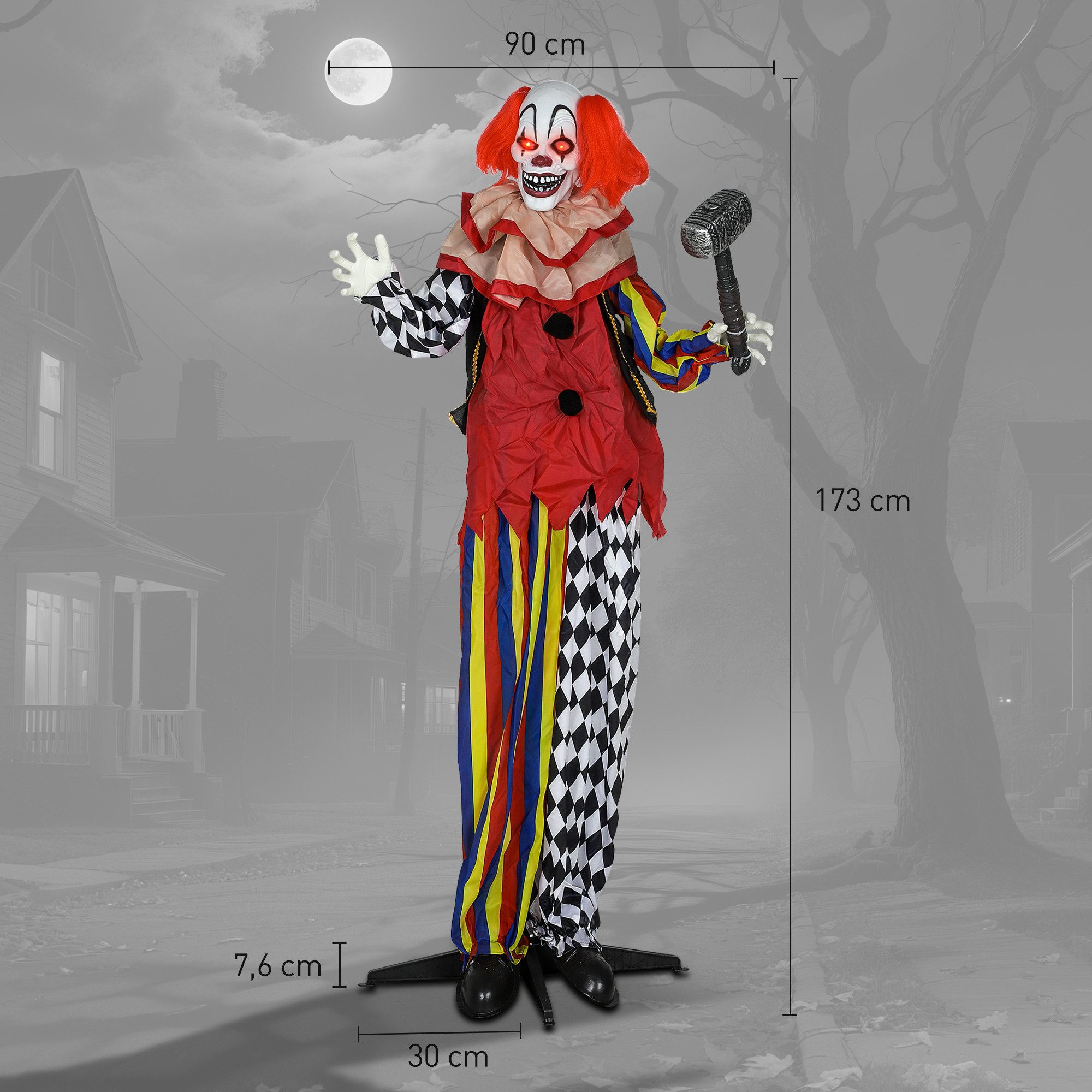 Outsunny Dekofigur mit leuchtenden Augen, beweglichen geräuschaktivierten Arme Kopf (Halloween Dekoration, 1 St., 173 cm Halloween Clown), mit Hammer, gruselige – Bild 3 von 5