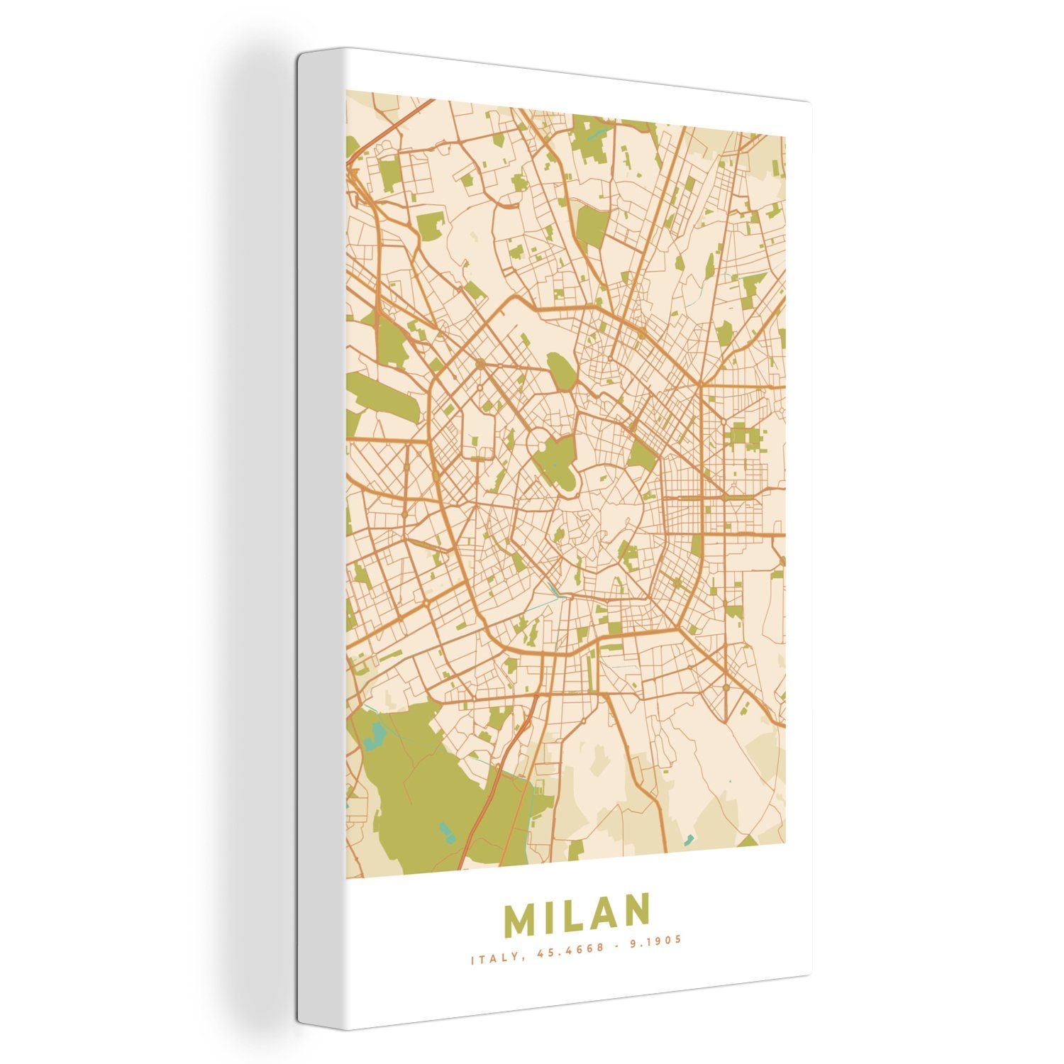 OneMillionCanvasses® Leinwandbild Mailand - Stadtplan - Vintage - Karte, (1 St), Leinwandbild fertig bespannt inkl. Zackenaufhänger, Gemälde, 20x30 cm