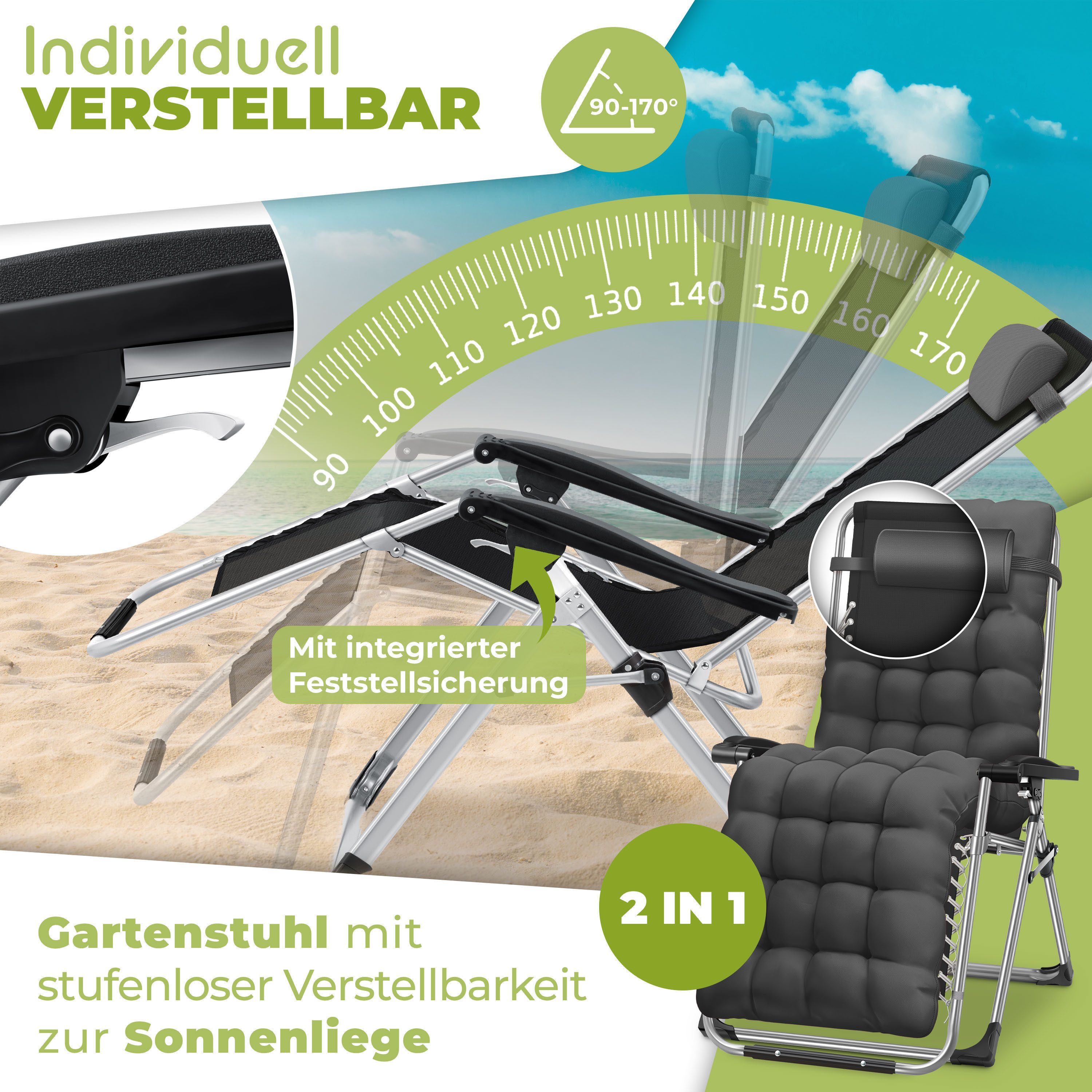 KESSER Gartenliege, Sonnenliege Liegestuhl Klappbar + Getränkehalter Gartenstuhl