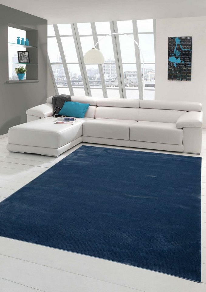 Teppich Teppich modern Kurzflor Teppich Wohnzimmer Designerteppich uni blau,  Teppich-Traum, rechteckig, Höhe: 13 mm