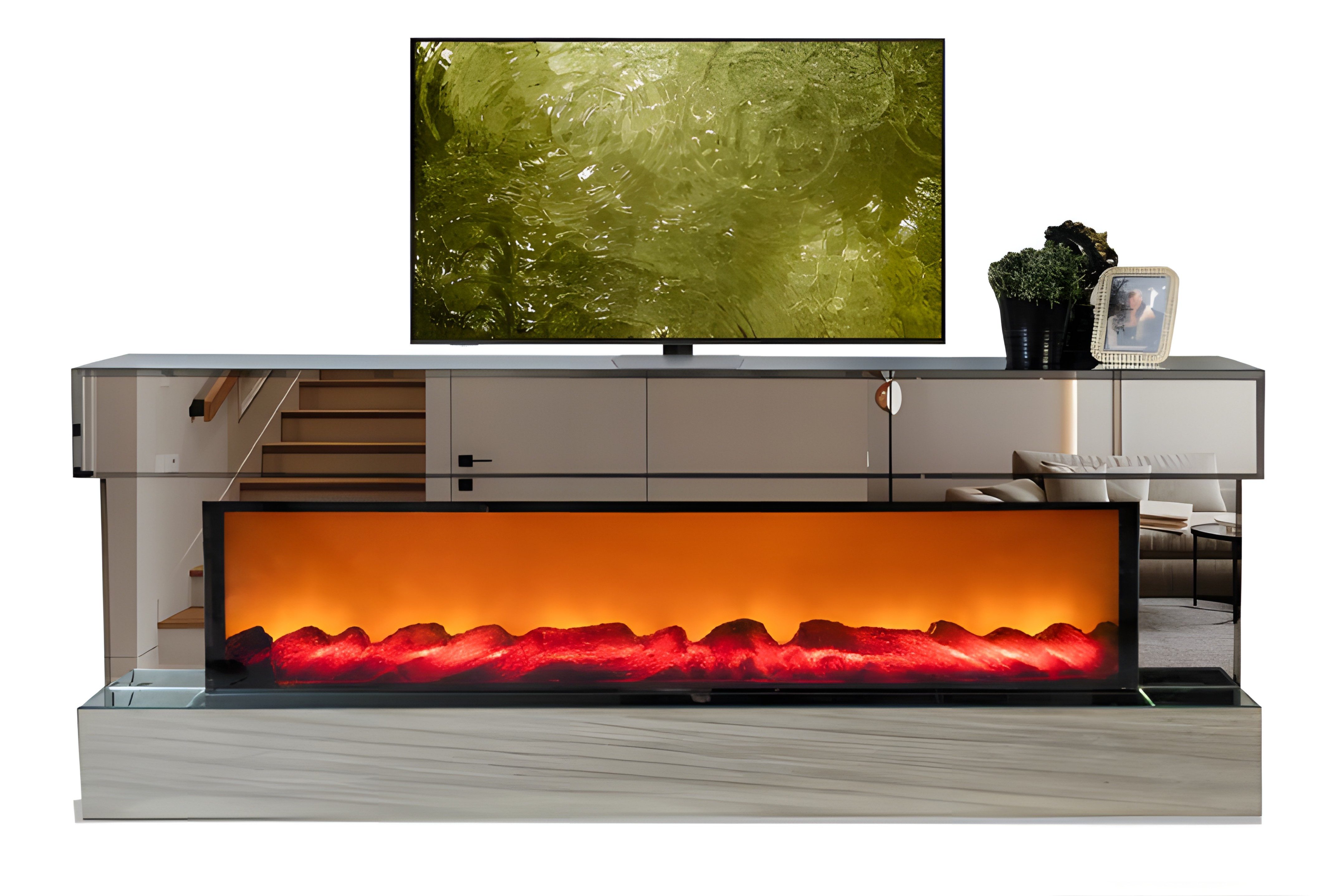 Xlmoebel Lowboard TV-Lowboard mit Kamineffekt und Spiegelelementen in Grau (1 St), Made in Europa
