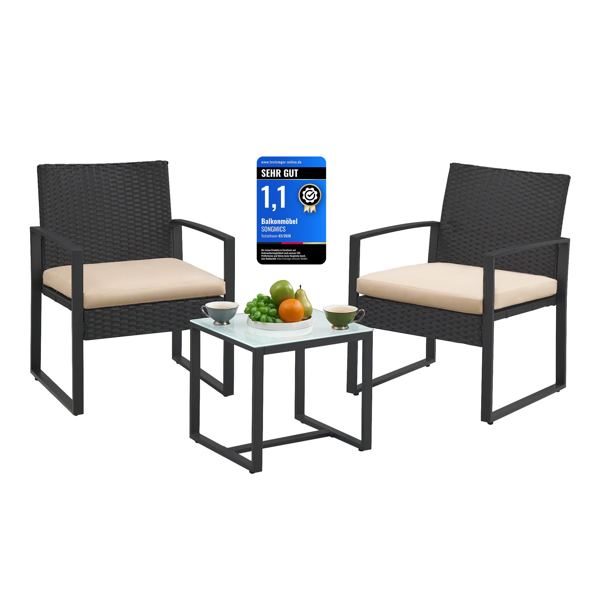 SONGMICS Balkonset, (3-tlg., 2 Stuhl, 1 Tisch, mit Kissen), Gartenmöbel-Set, einfache Montage