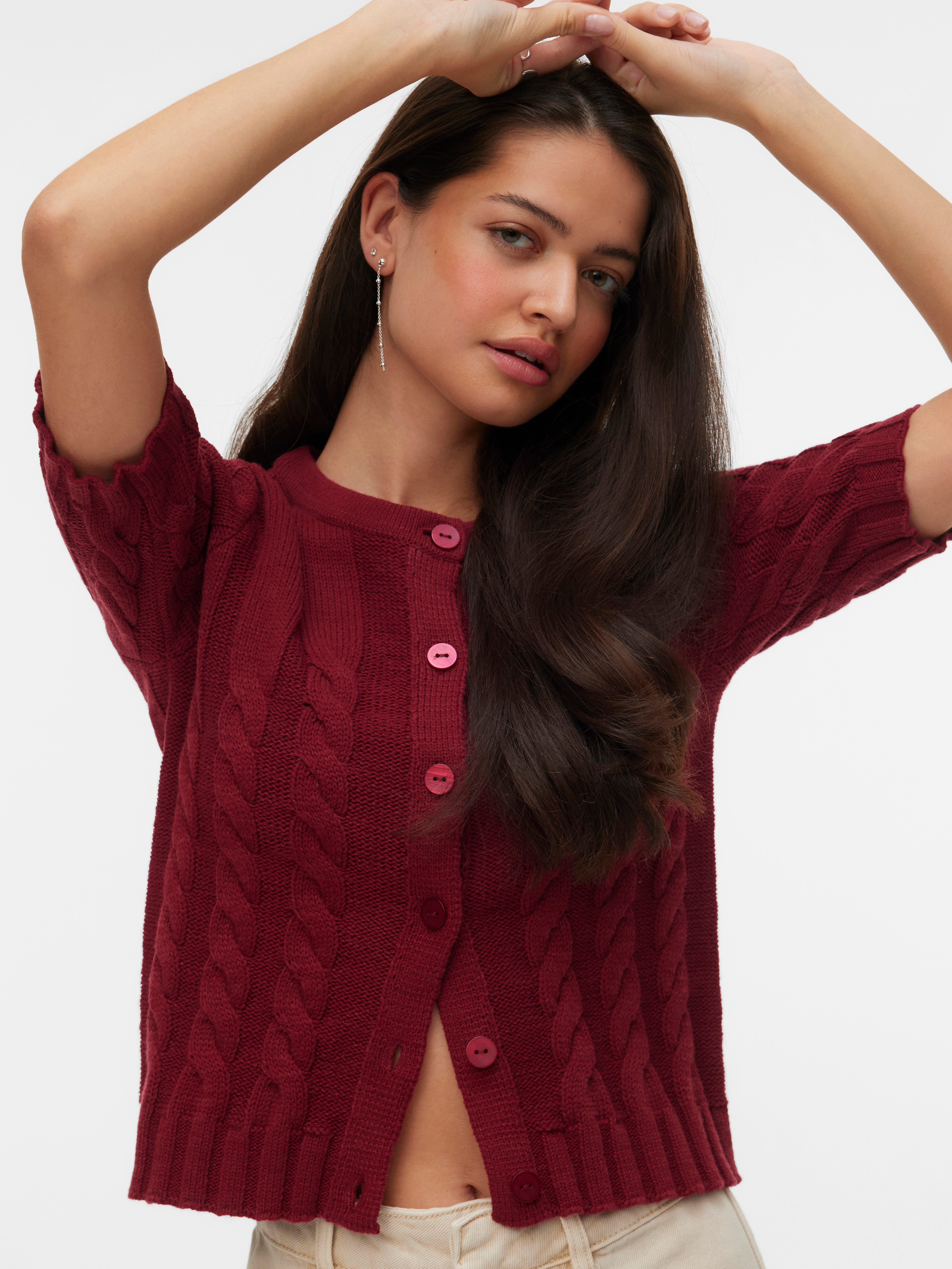 Vero Moda Strickjacke VMORIANE 2-4 O-NECK CARDIGAN Baumwollmischung, regular fit, Zopfstrickmuster