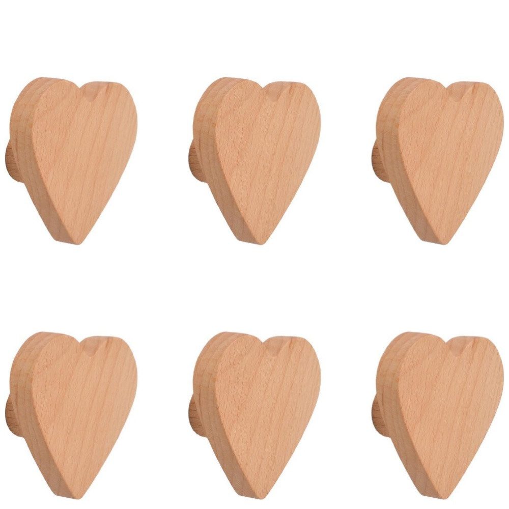 BlingBin Möbelgriff 6 Stück Herzförmige Holzknäufe Einzelloch Buchenholzgriffe (6er Set, 6-St., 6pcs), Knöpfe für Kommode mit Schrauben und Dehnrohr