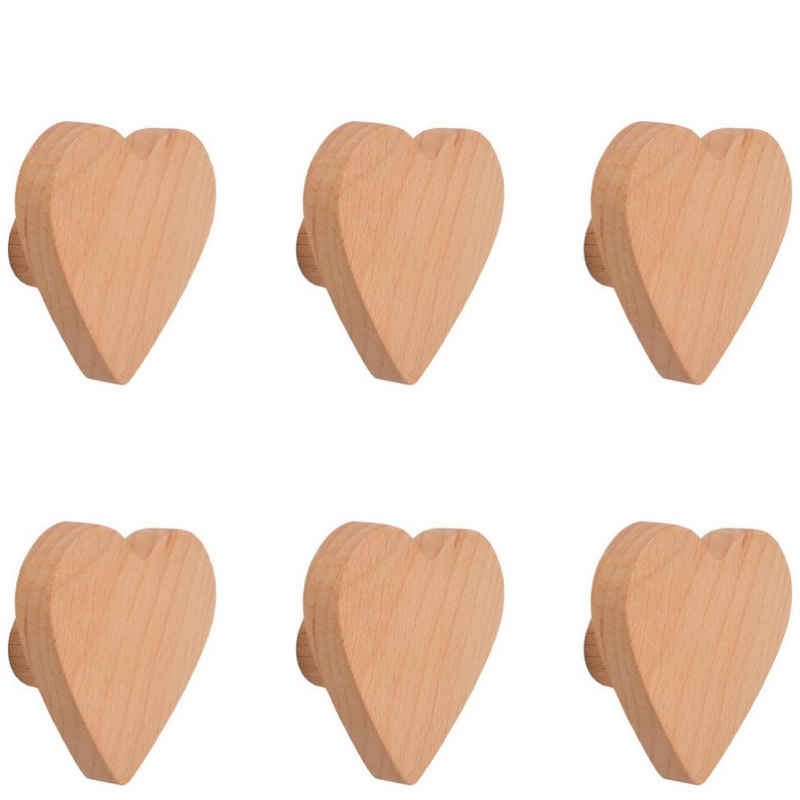 BlingBin Möbelgriff 6 Stück Herzförmige Holzknäufe Einzelloch Buchenholzgriffe (6er Set, 6-St., 6pcs), Knöpfe für Kommode mit Schrauben und Dehnrohr