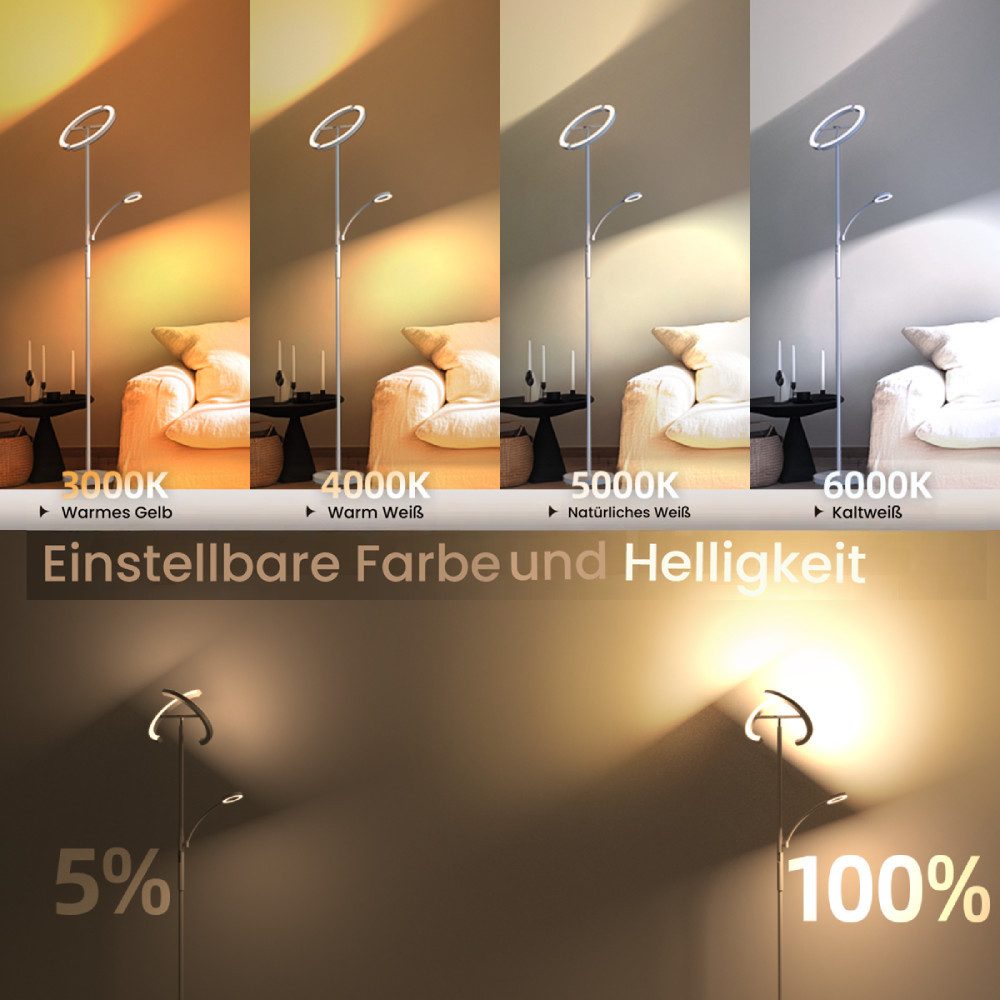 FIMEI Stehlampe 29W, mit Leseleuchte, Fernbedienung & Touch, LED fest integriert, Warmes Gelb, Warm Weiß, Neutralweiß, Kaltweiß, Moderne drehbare Stehlampe mit halbkreisförmigem Lichtring