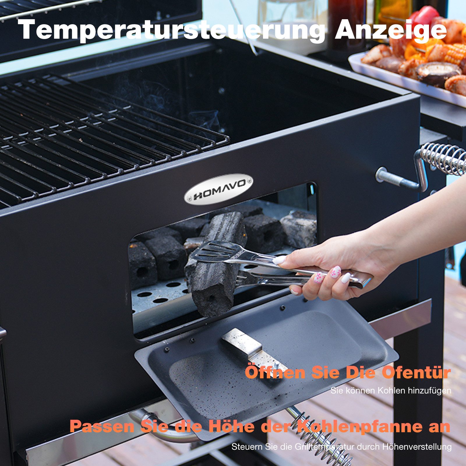HOMAVO Holzkohlegrill mit Deckel & Grillabdeckungen Wasserfest, Grillfläche: 56 × 42.5 cm, Höhenverstellbare Kohlenwanne, Faltbarer Seitentisch, Thermometer