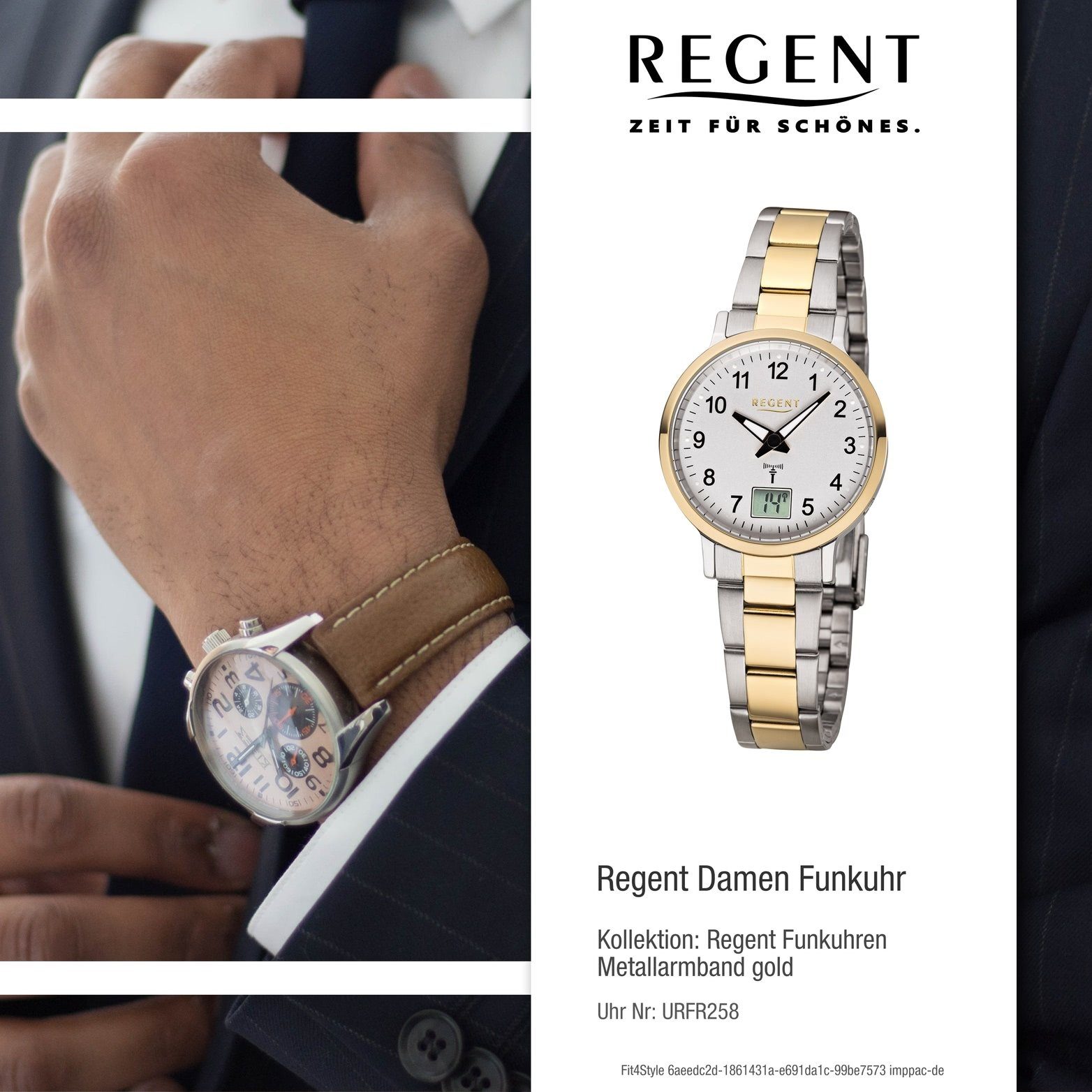 (ca. rundes Elegant-Style Regent Uhr FR-258, mit Damen Regent Gehäuse Funkuhr 30mm), Metallarmband, Damenuhr Metall