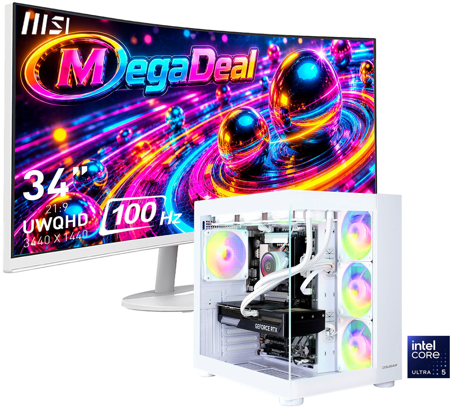 Cougar MegaDeal FV150 WT 2890 Core Ultra 5 245KF 32GB DDR5 1TB SSD RTX 5070 Gaming-PC-Komplettsystem (34", Intel® Core Ultra 5 245KF, RTX 5070, 32 GB RAM, 1000 GB SSD, Windows 11, DDR5 RAM+ MSI PRO MP341CQW LED-Monitor Curved 86,4 m (34)