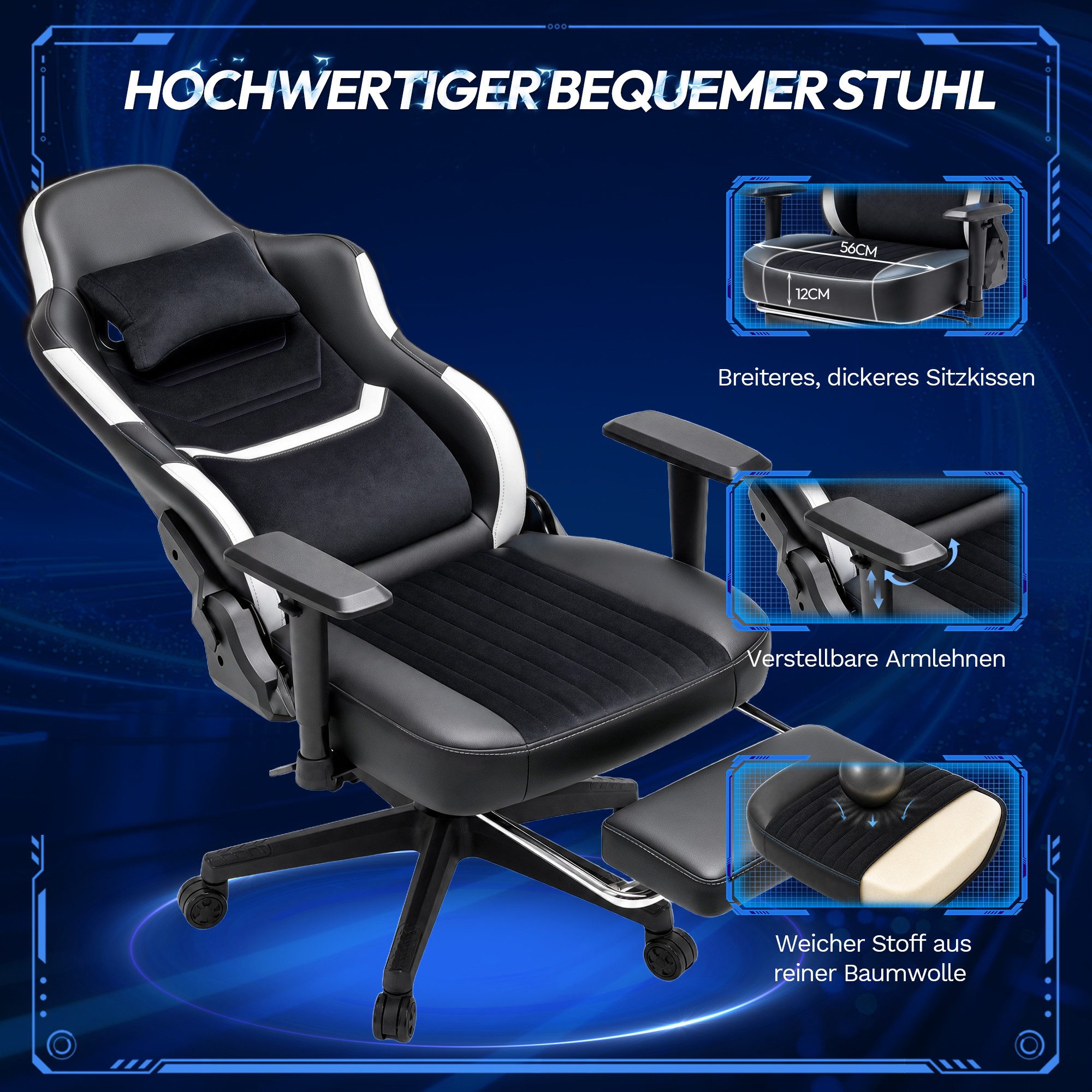 HOMALL Gaming-Stuhl mit Federkern,Komfort für Büro & Gaming,90-165° Rückenlehne,bis 180 kg, gaming stuhl mit Fußstütze,breites & dickes Sitzpolster – Bild 4 von 5