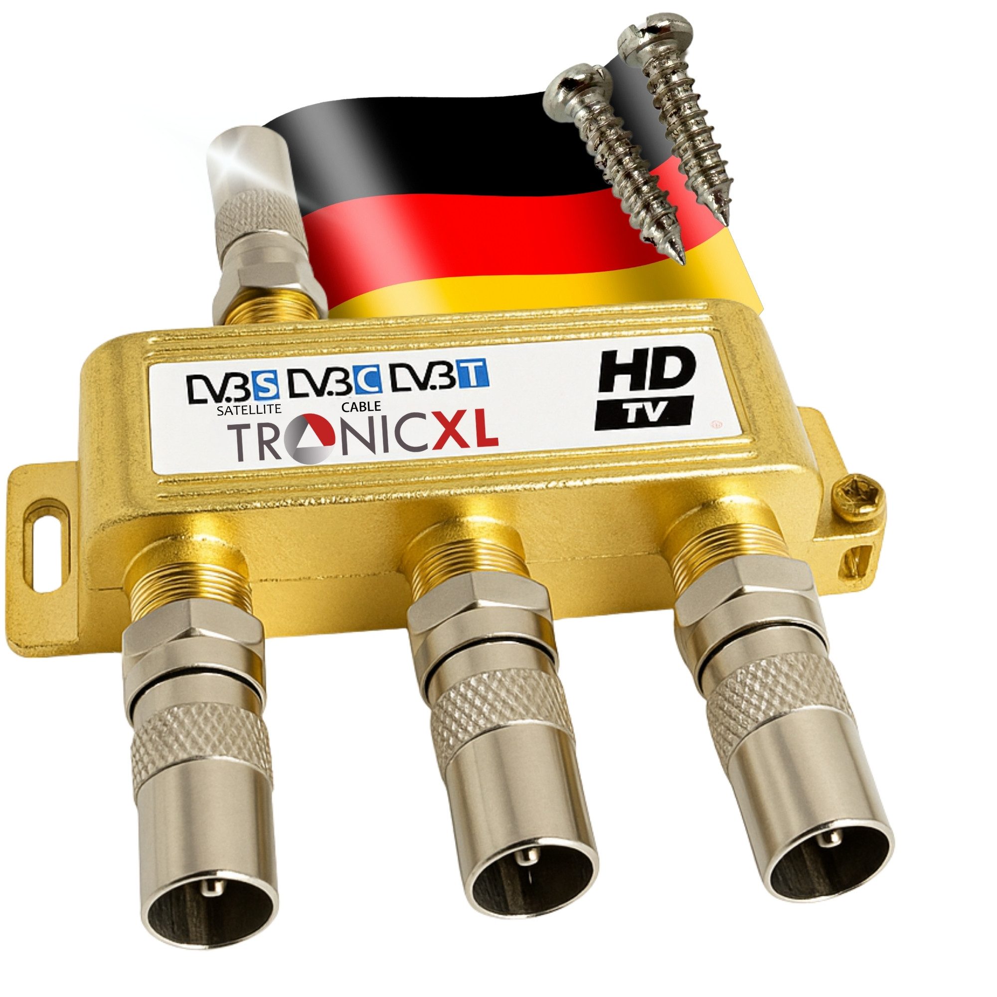 TronicXL SAT-Verteiler 3fach gold Breitband Kabel Verteiler 3-Fach TV Sat Splitter BK CATV