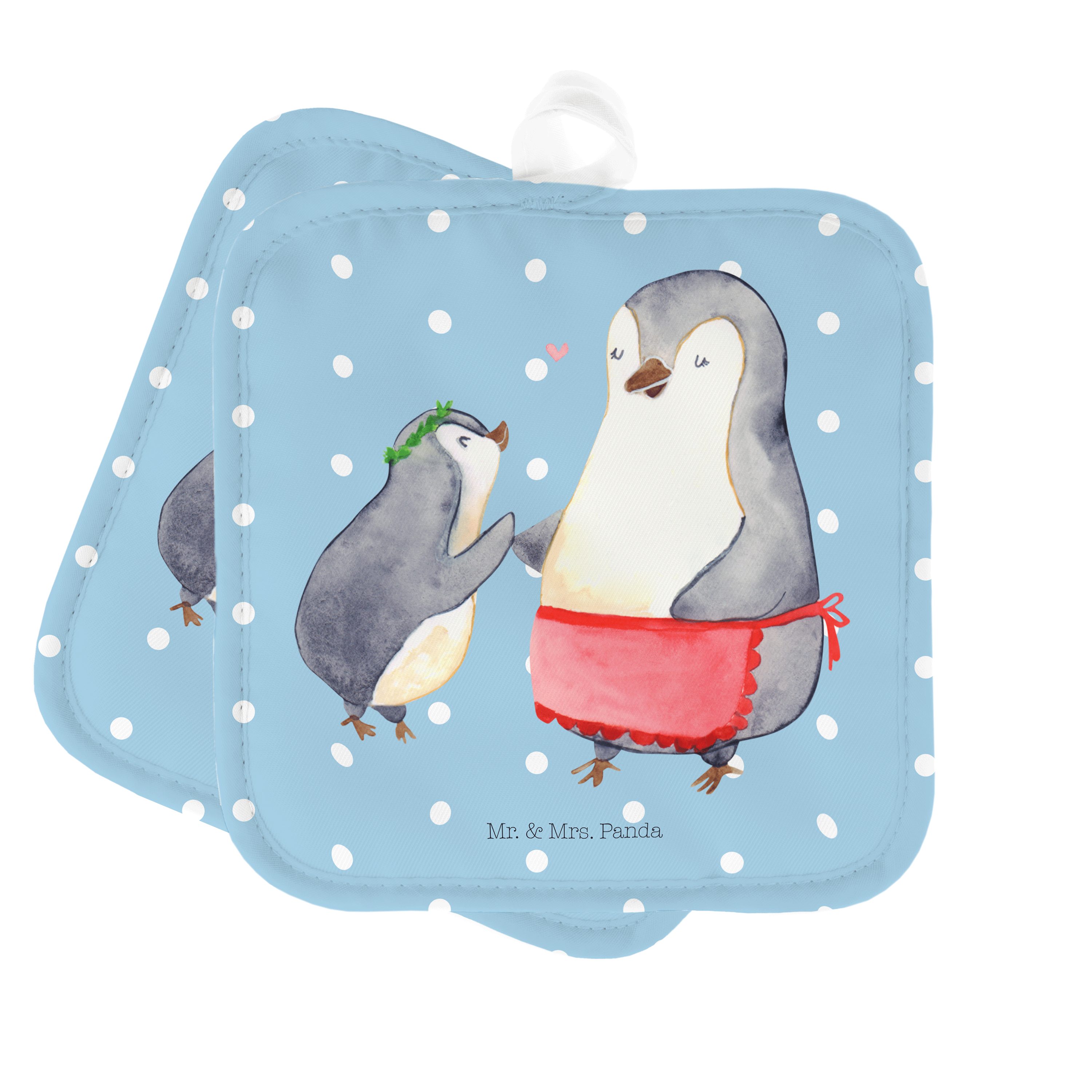 Mr. & Mrs. Panda Topflappen Pinguin mit Kind - Blau Pastell - Geschenk, Ofenhandschuh, Mami, Mutt, (1-tlg)