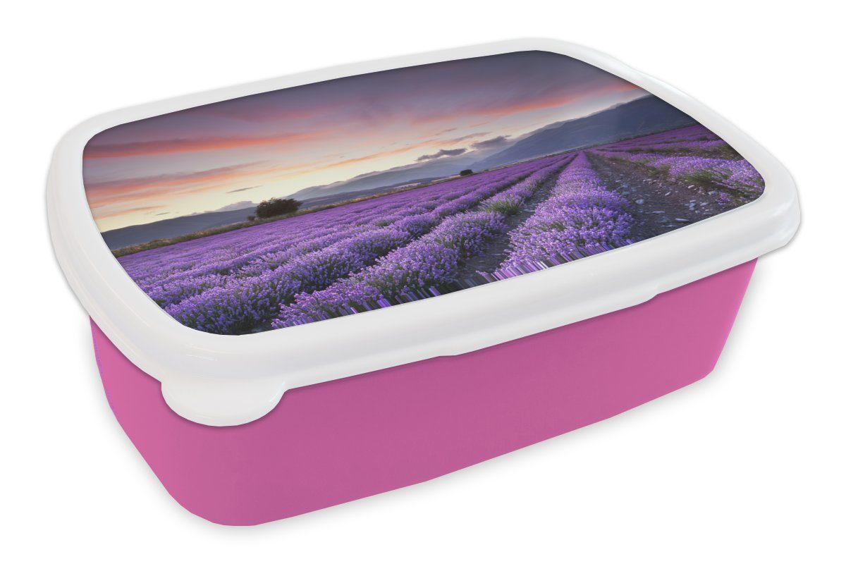 Erwachsene, Brotbox Kinder, für Snackbox, Lunchbox Mädchen, Brotdose (2-tlg), Kunststoff Lavendelfeld bei rosa Sonnenuntergang, schönes Ein Kunststoff, MuchoWow