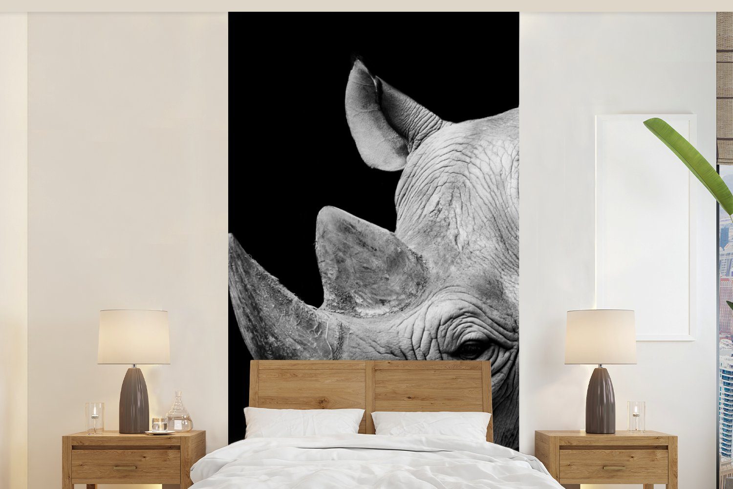 MuchoWow Fototapete Tiere - Nashorn - Schwarz - Weiß - Porträt, Matt, bedruckt, (2 St), Vliestapete für Wohnzimmer Schlafzimmer Küche, Fototapete