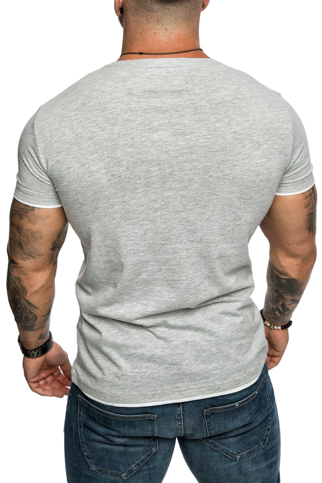 Herren Farbig T-Shirt Grau/Weiß Amaci&Sons Basic LAKEWOOD Slim-Fit Doppel Shirt Rundhalsausschnitt mit