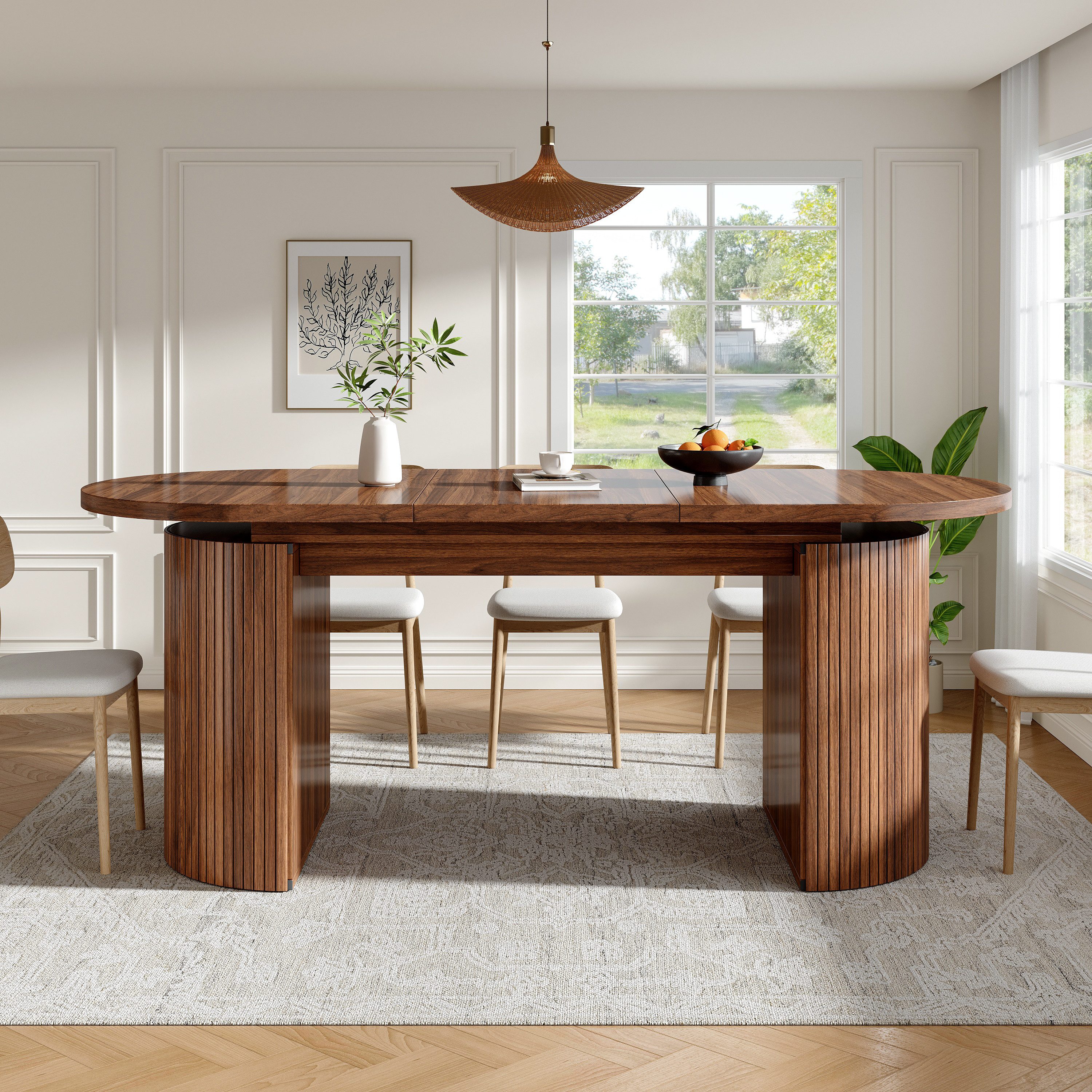 Flieks Esstisch ovaler Küchentisch mit ausziehbarer Tischplatten in Holzoptik (Länge 120-160/T80/H76 cm, 1-St., 1 Tisch), erweiterbarer Esszimmertisch mit versteckter Stauraum Walnussholzfarbe
