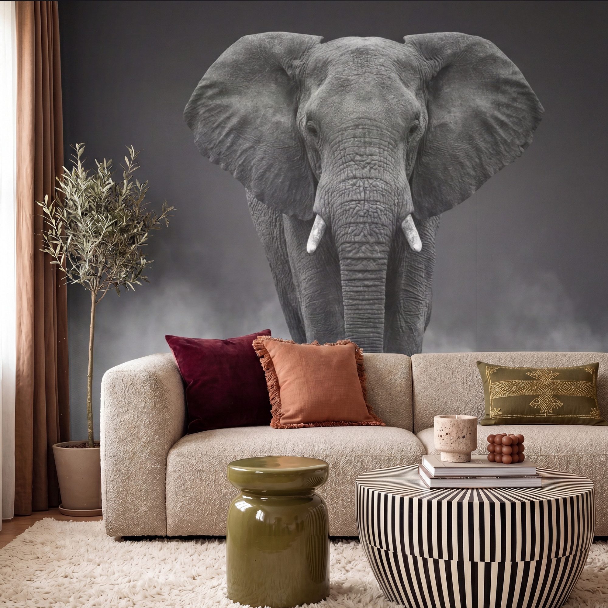 OnlyWow Fototapete Elefant - Schwarz - Weiß - Rauch, Matt, bedruckt, Wanddekoration, Wandtapete, Schlafzimmer 260x220cm