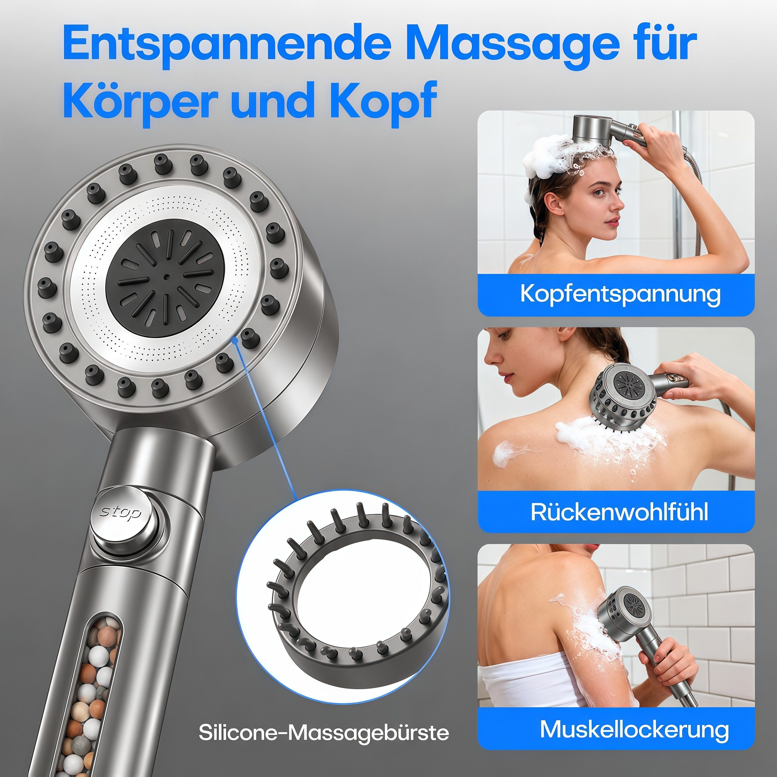 ibettertec Duschbrause Handbrause Duschkopf mit 15-stufigem Filter, (Hochdruck-Wassersparfunktion und Stopp-Taste, Handbrause mit, Anti-Kalk-Düsen zur), Reduzie – Bild 5 von 5