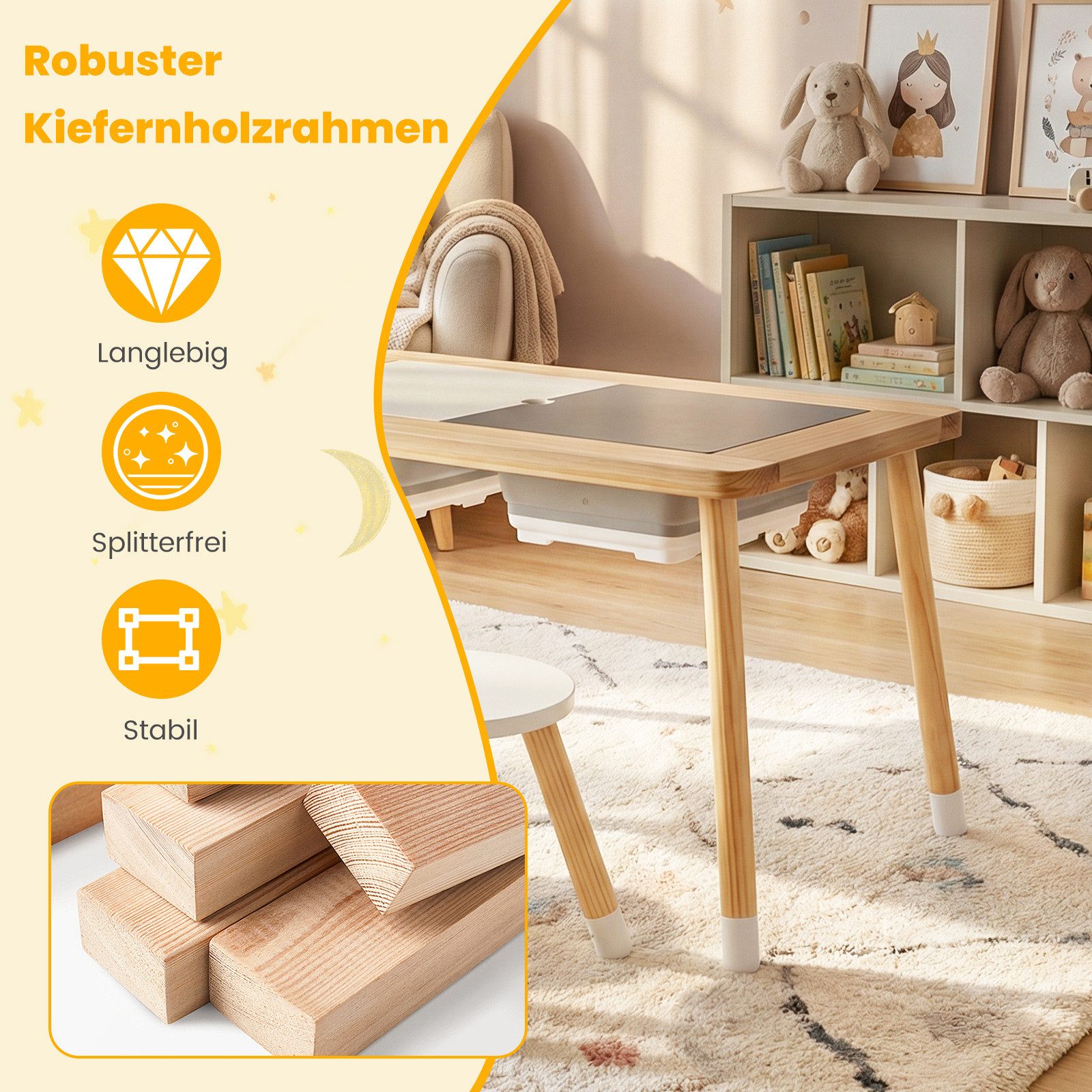 COSTWAY Kindersitzgruppe, (3-tlg), Spieltisch mit 2 Hockern & 2 Behältern