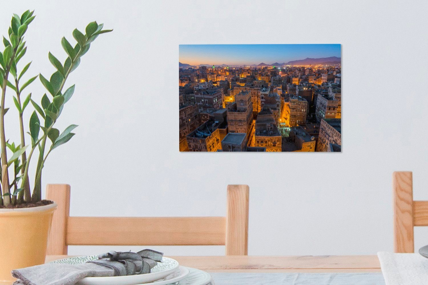 St), Wanddeko, Jemen, Straßen Nächtliche Aufhängefertig, von beleuchteter Leinwandbilder, im (1 Wandbild Sanaa cm Skyline 30x20 Leinwandbild OneMillionCanvasses®