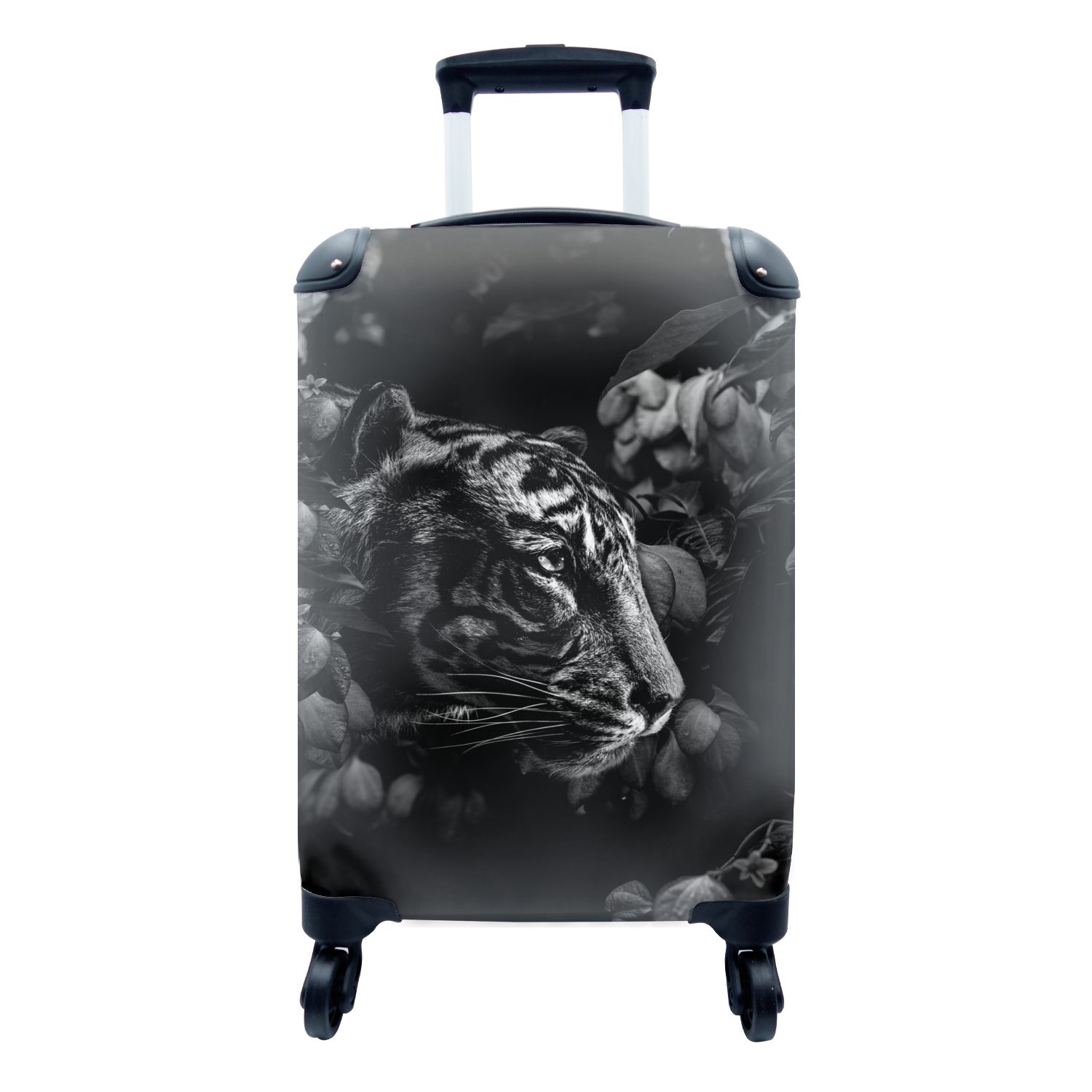 rollen, den und Blumen schwarz Rollen, Tiger Handgepäckkoffer für weiß, Reisekoffer Handgepäck Trolley, - 4 zwischen Ferien, MuchoWow mit Reisetasche