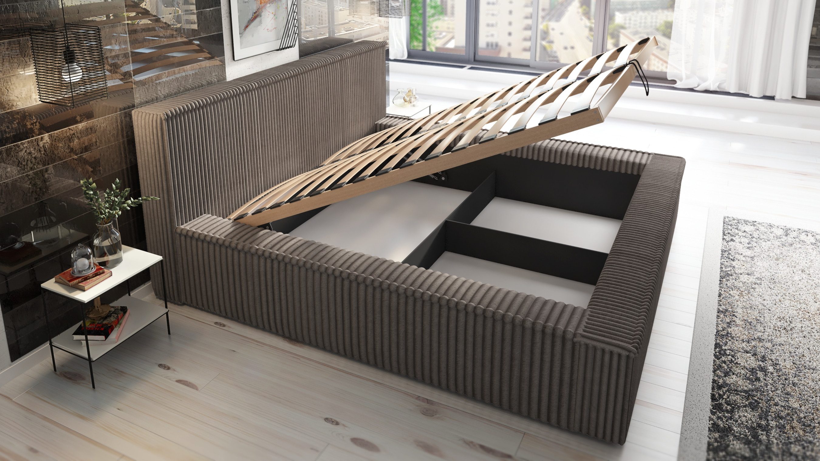 A&J MöbelLand GmbH Polsterbett RIO-OM mit Bettkasten und Lattenrost. (Bett mit Kopfteil. Lattenrost und Bettkasten . Viele Varianten zur Auswahl – wählen Sie Größe und Farbe!, TOP ANGEBOT), Länge: 220 cm Höhe Kopfteil: 100 cm