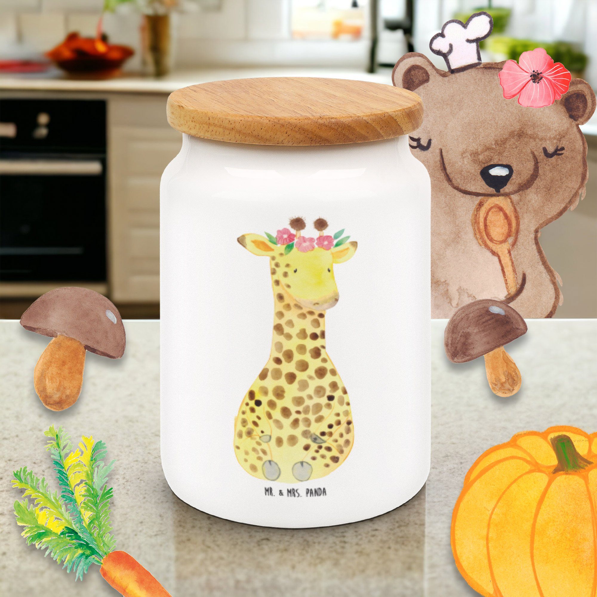 Giraffe & Mrs. (1-tlg) Vorratsdose, - Mr. Keramik, Geschenk, Blumenkranz Keramikdose, - Panda Dose, Vorratsdose Weiß